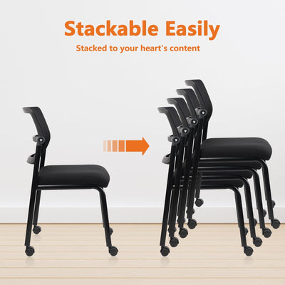 Stacking Chairs 8 PK, Adjustable Backrest Stackable Mesh Office Waiting Room Armless Chair with Wheels for Guest Reception Conference Lobby Side School, Black