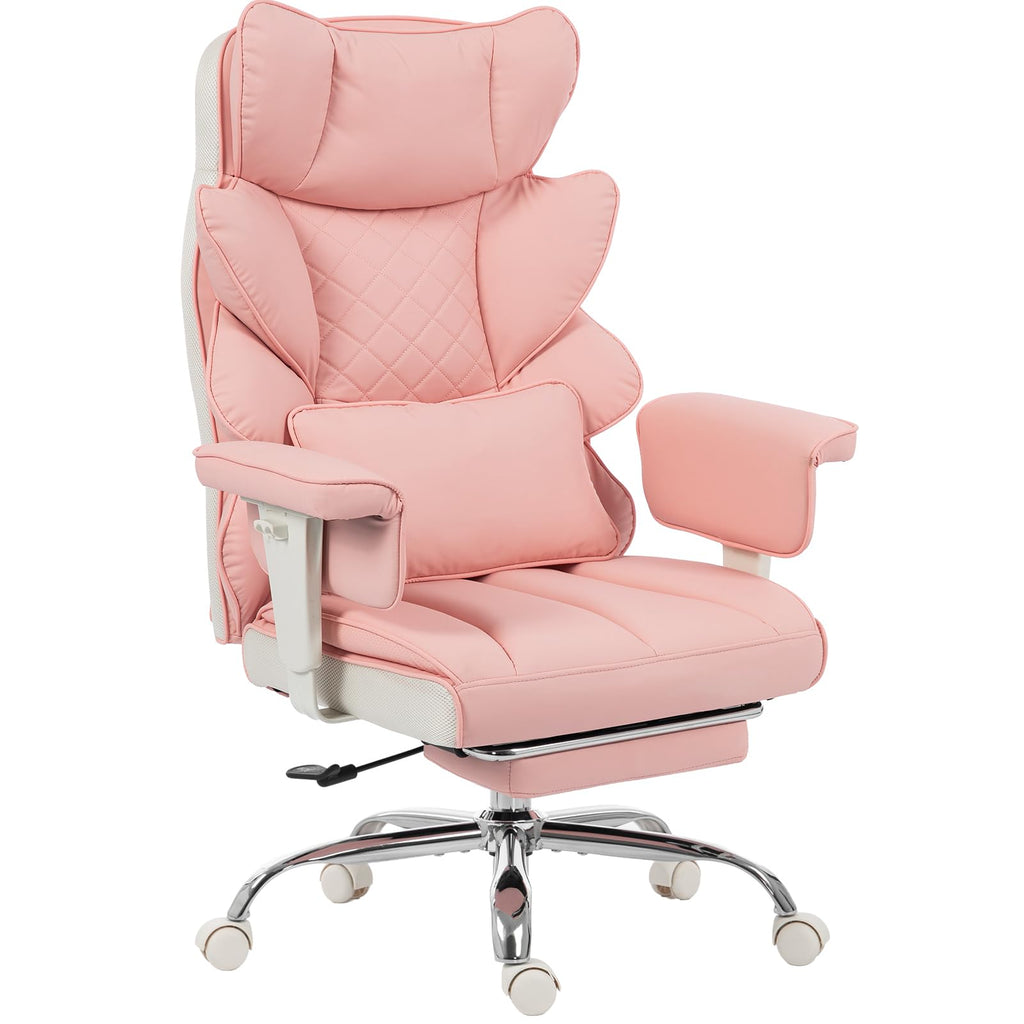 Big and Tall Office Chair with Pocket Springs Cushion,High Back Computer Gaming Chairs with Adjustable Armrests,Executive Desk Chairs with Lumbar Support and Footrest,PU Leather-Pink