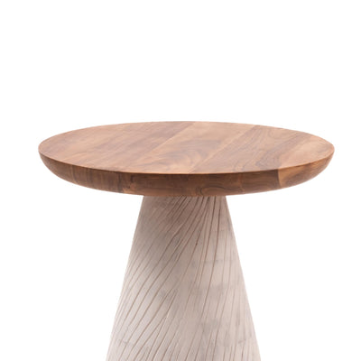 Modern Round Wood Accent Table with Carved Cone Base Solid Mango Wood Side Table for Living Room, Bedroom or Entryway White,Assembled