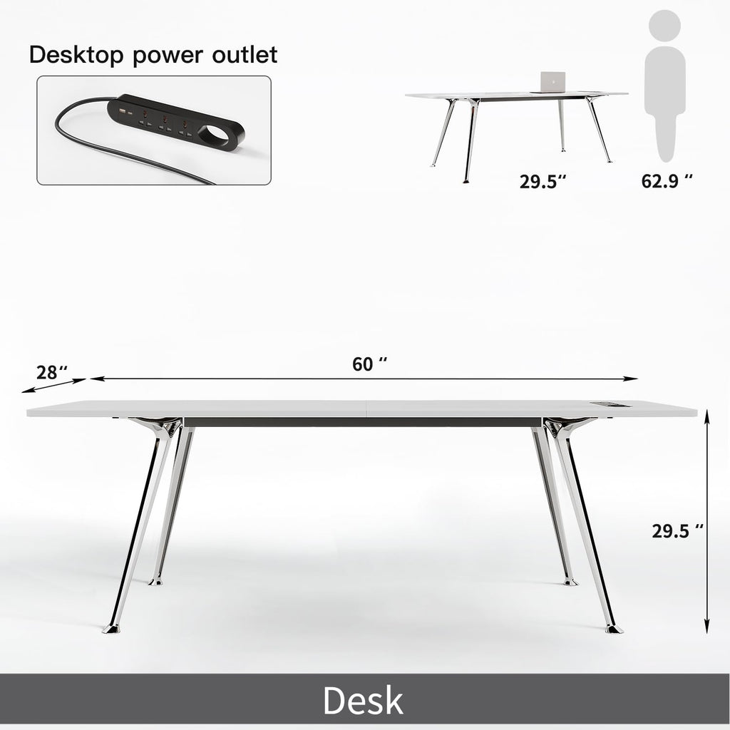 Writing Computer Desk, 60-Inch Large Executive Desk Office Workstation with Chrome-Plated Legs and Built-in Power Outlet, Writing Table Business Furniture, Modern Minimalist Style for Home Office