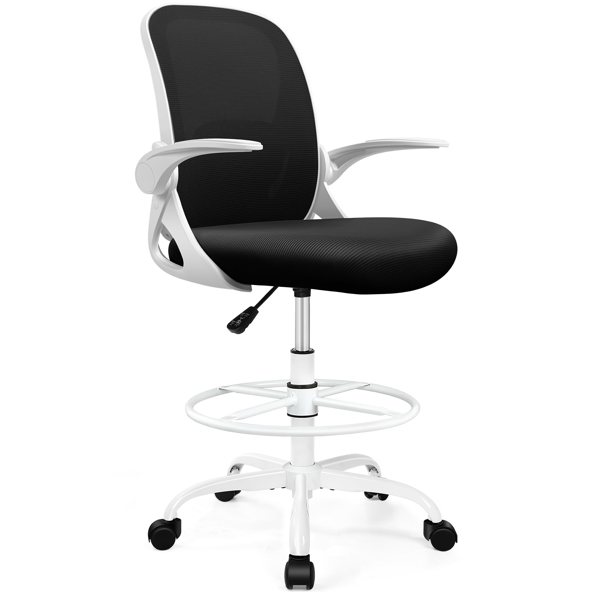 Drafting Chair Tall Office Chair with Flip-up Armrests, Adjustable Height, and Enhanced Lumbar Support - Ergonomic Rolling Stool, Back Support, and Adjustable Foot Rest Ring for Standing Desk White