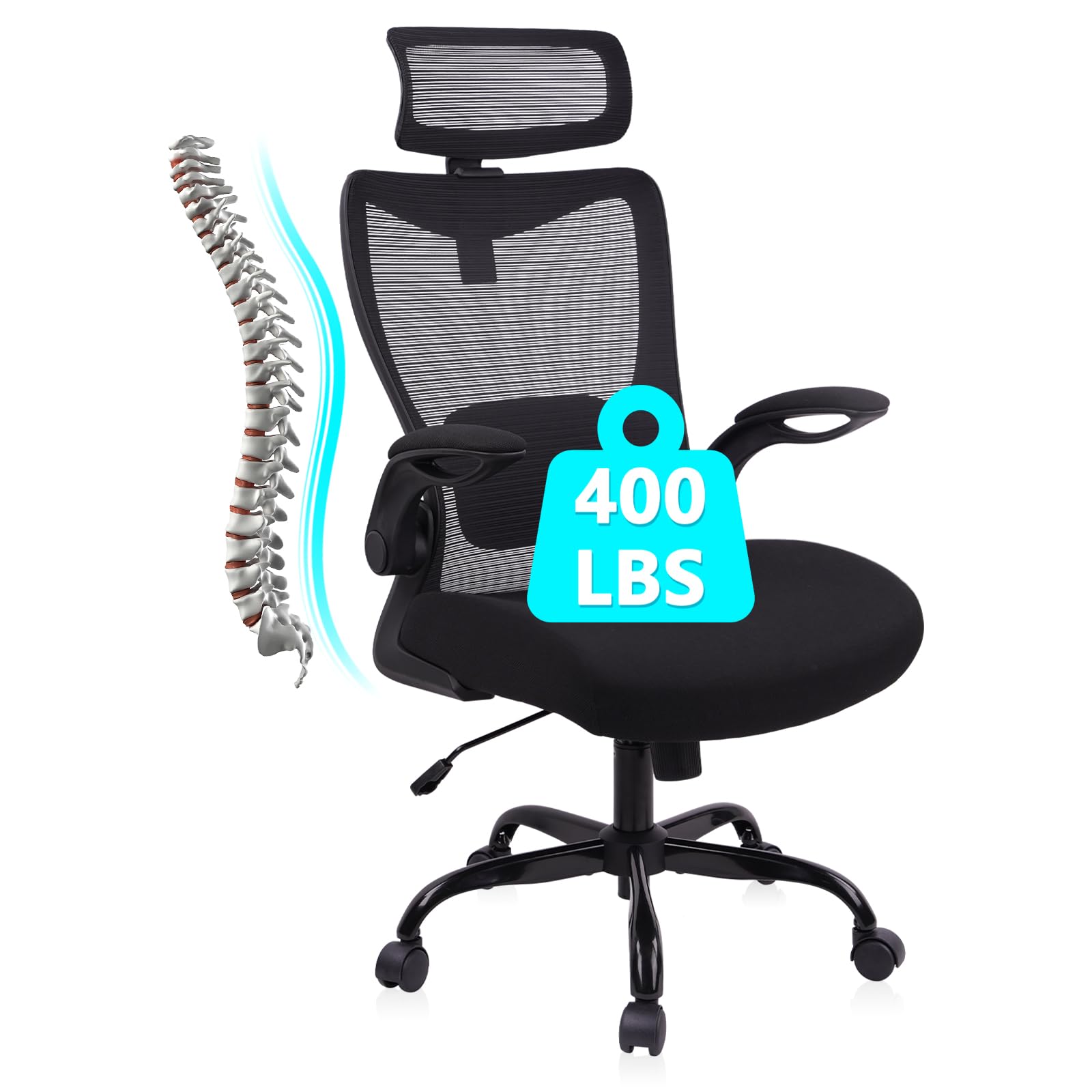 Heavy Duty Ergonomic Mesh Office Chair 400LBS, Big and Tall Desk Chair with Adjustable Lumbar Support & Headrest, Flip Up Padded Arms, Swivel Computer Chair for Home, Study, Conference, Black