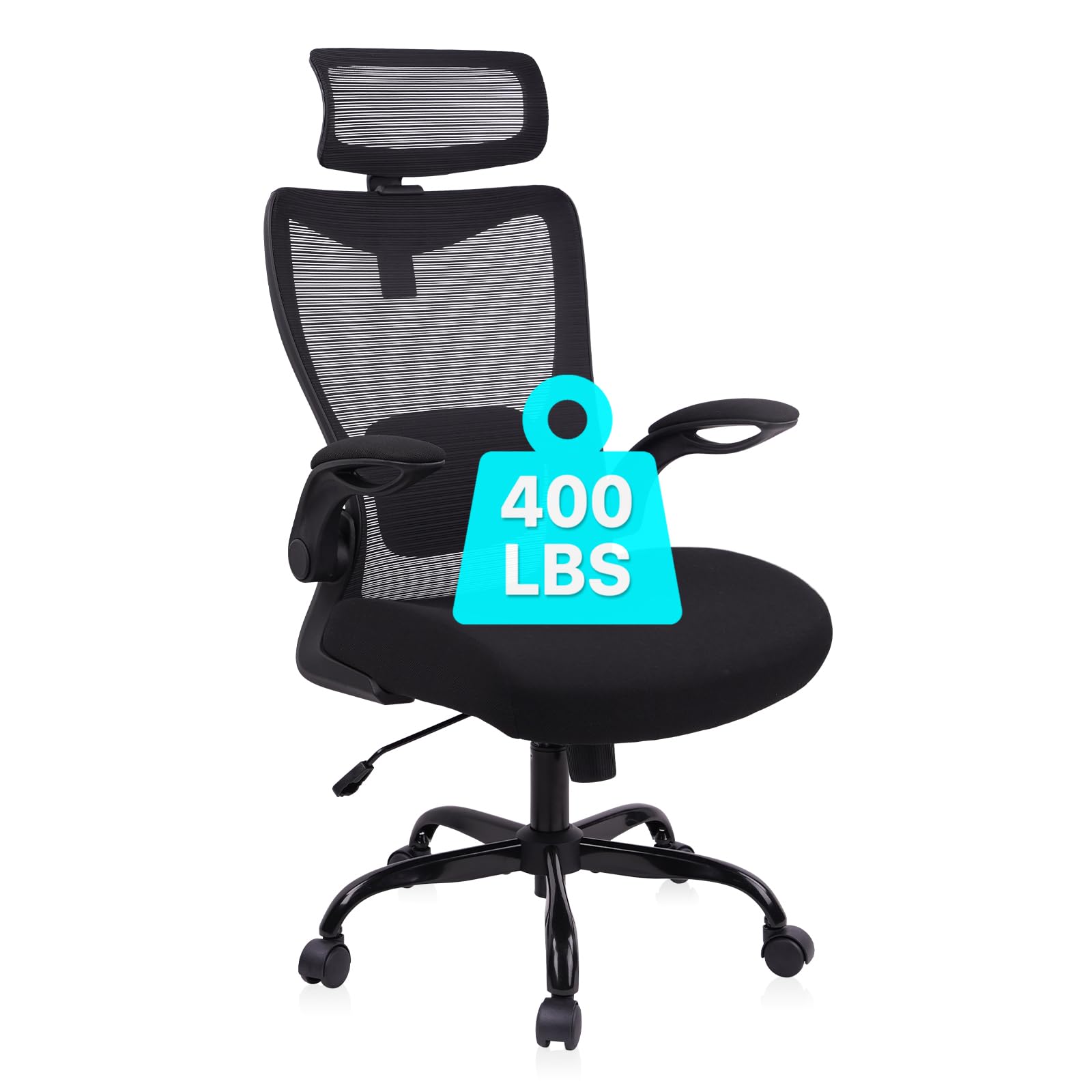 Heavy Duty Ergonomic Mesh Office Chair 400LBS, Big and Tall Desk Chair with Adjustable Lumbar Support & Headrest, Flip Up Padded Arms, Swivel Computer Chair for Home, Study, Conference, Black