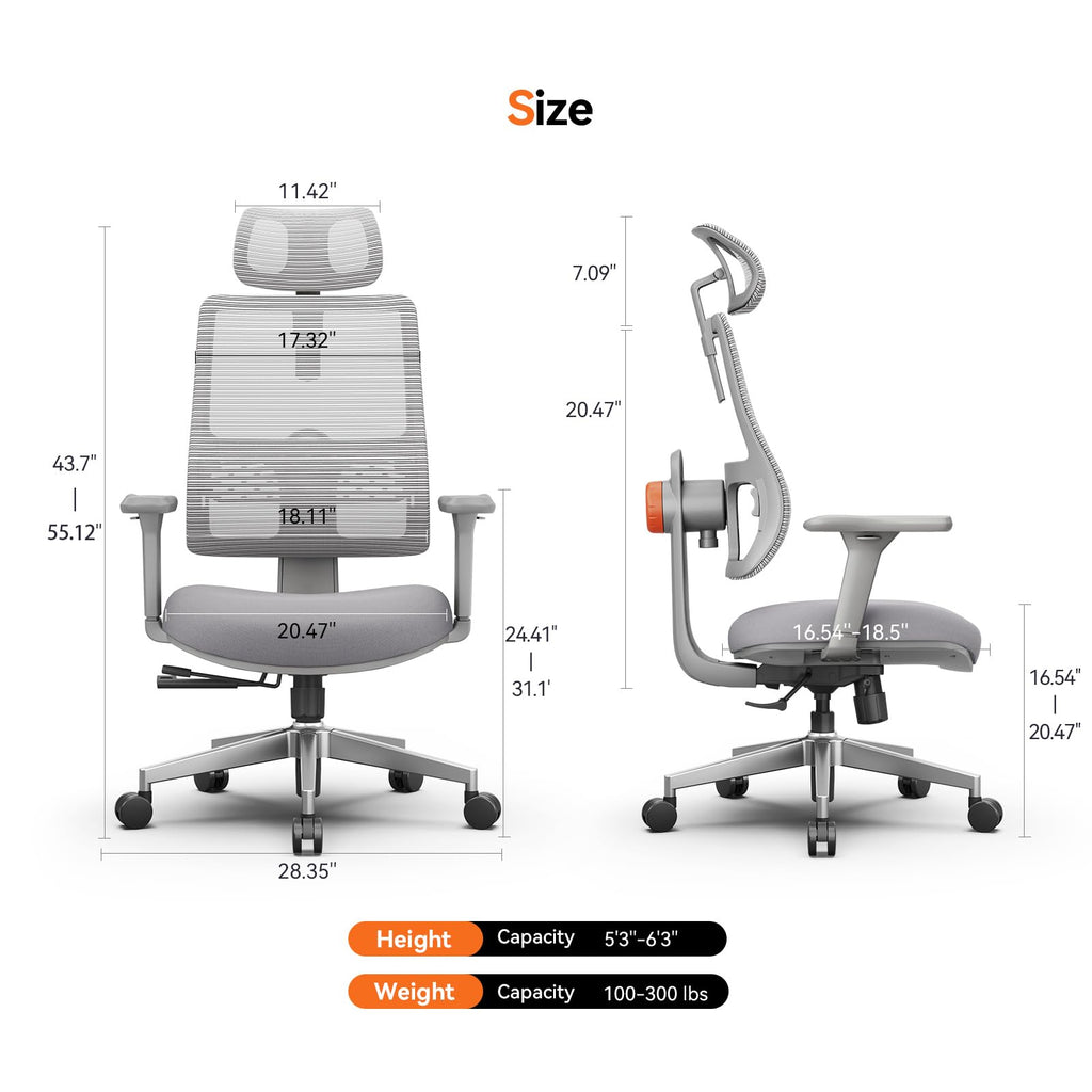 Ergonomic High-Back Office Chair, Home Office Desk Chair with Auto-Following Lumbar Support, Adjustable Headrest, 3D Armrest, Seat Depth & Heigh Adjustable, 96°-126° Recline