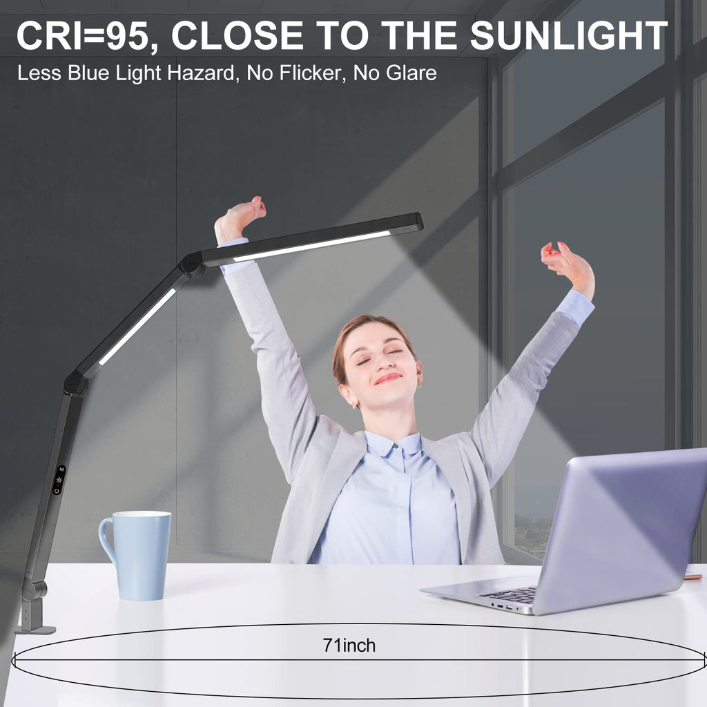 LED Desk Lamp with Clamp, Architect Desk Lamp with Dual Light and Adjustable Swing Arm, Clip-on Eye-Care 4 CCT Modes & 5 Brightness Levels Table Light Modern Computer Lighting for Home Office