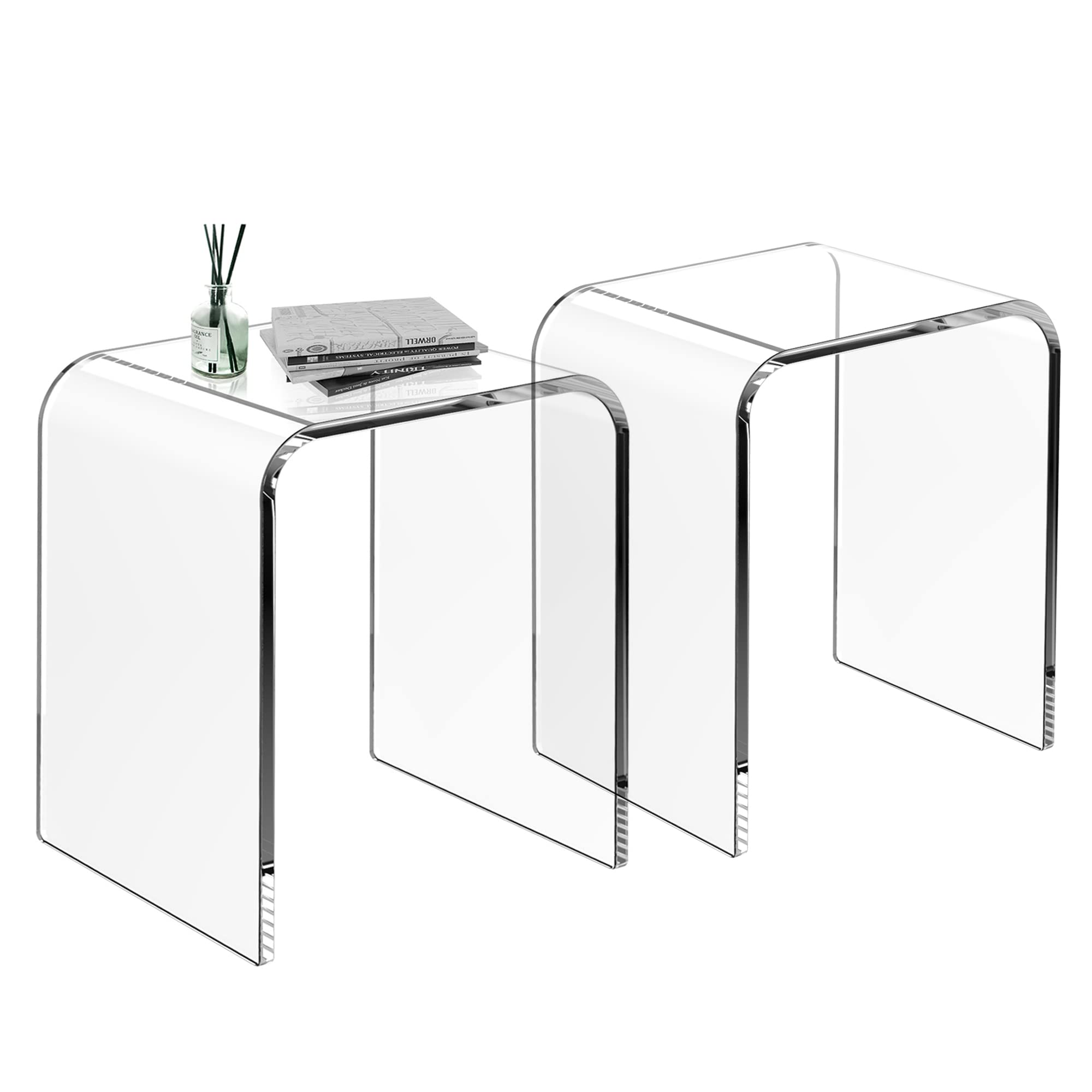 Acrylic End Table Set of 2, Clear Lucite Coffee Table with Waterfall Edges, Contemporary Square Nightstand and Side Table for Small Living Room, Bathroom, Bedroom and Office