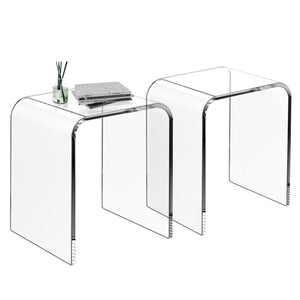 Acrylic End Table Set of 2, Clear Lucite Coffee Table with Waterfall Edges, Contemporary Square Nightstand and Side Table for Small Living Room, Bathroom, Bedroom and Office