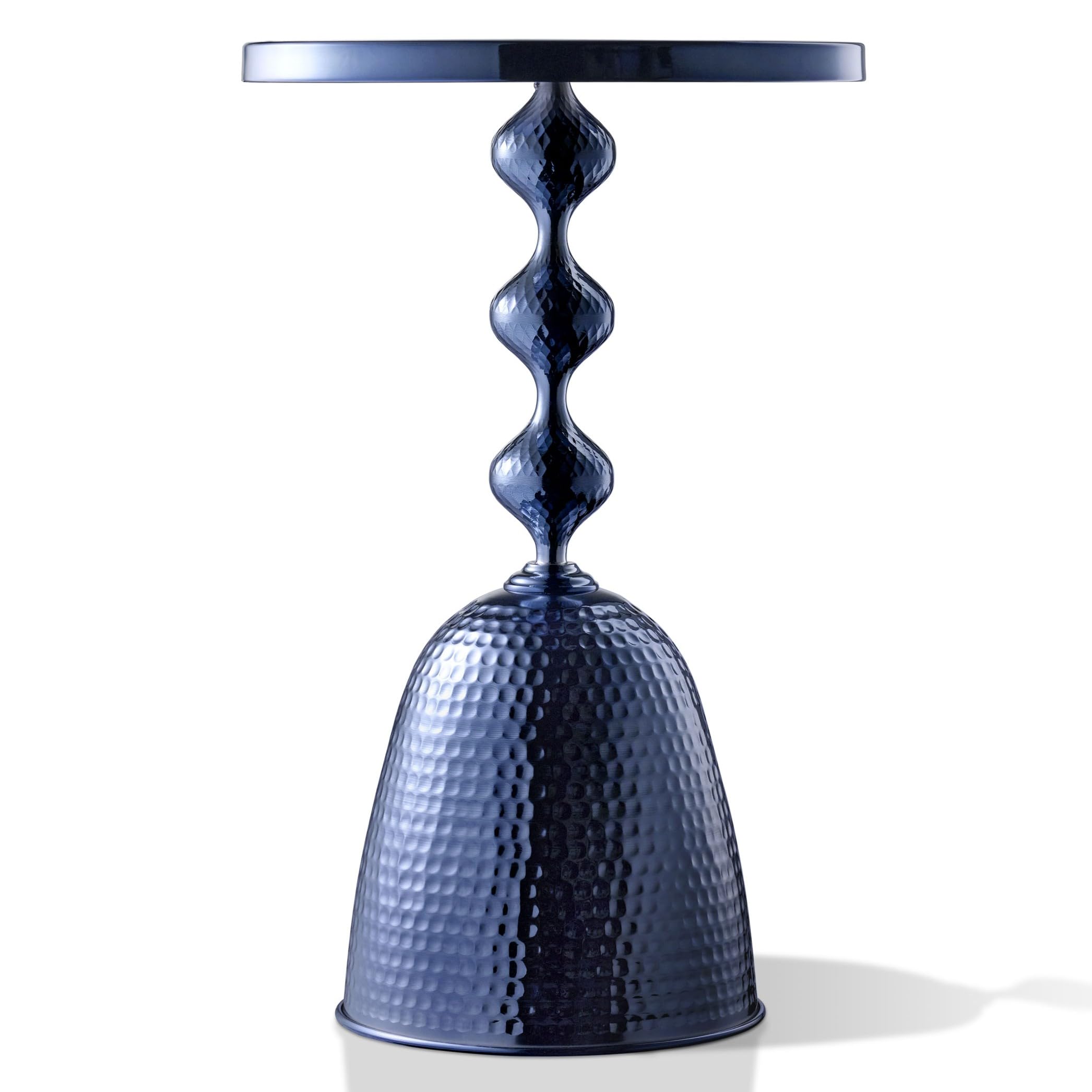 Modern 24" Tall Round End Table with Decorated Tabletop and Iron Metal Base, Accent Furniture, Elegant Pedestal Stand for Living Room, Home Office, Chrome Blue