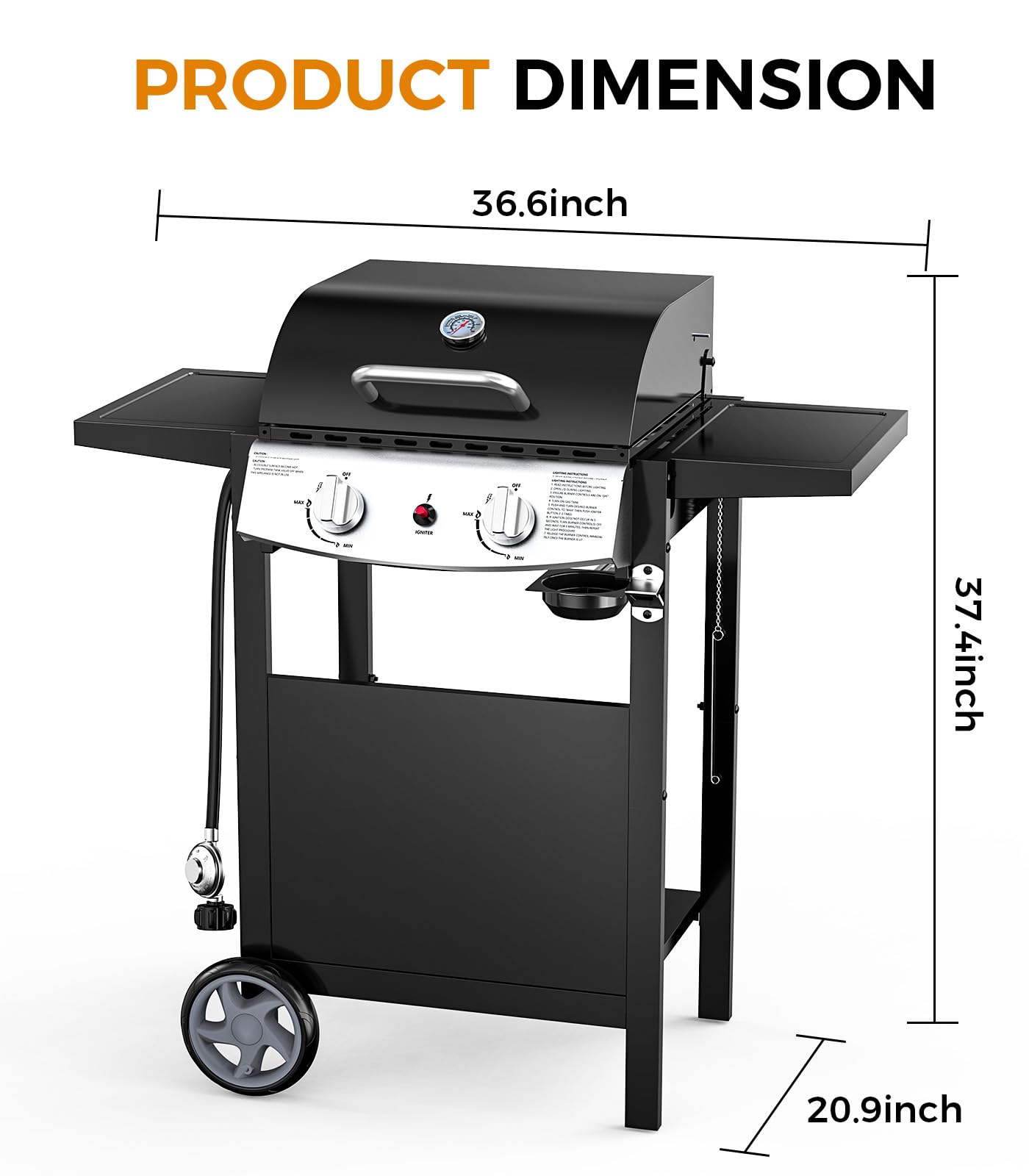 2-Burner Propane Gas BBQ Grill, 20,000 BTU Stainless Steel Grill with Side Shelves and Wheels, Portable Outdoor Grill for Patio, Backyard, Garden, or Camping Cooking