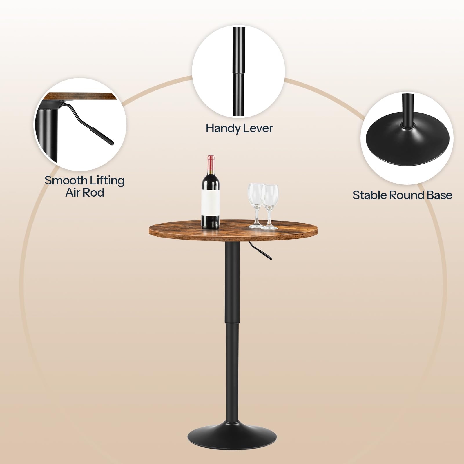 2 Pcs Bar Table, Height-Adjustable Round Pub Table 27-35.4 Inches with Sturdy Base, Modern Style, Easy to Assemble, Suitable for Small Space, Rustic Brown and Black