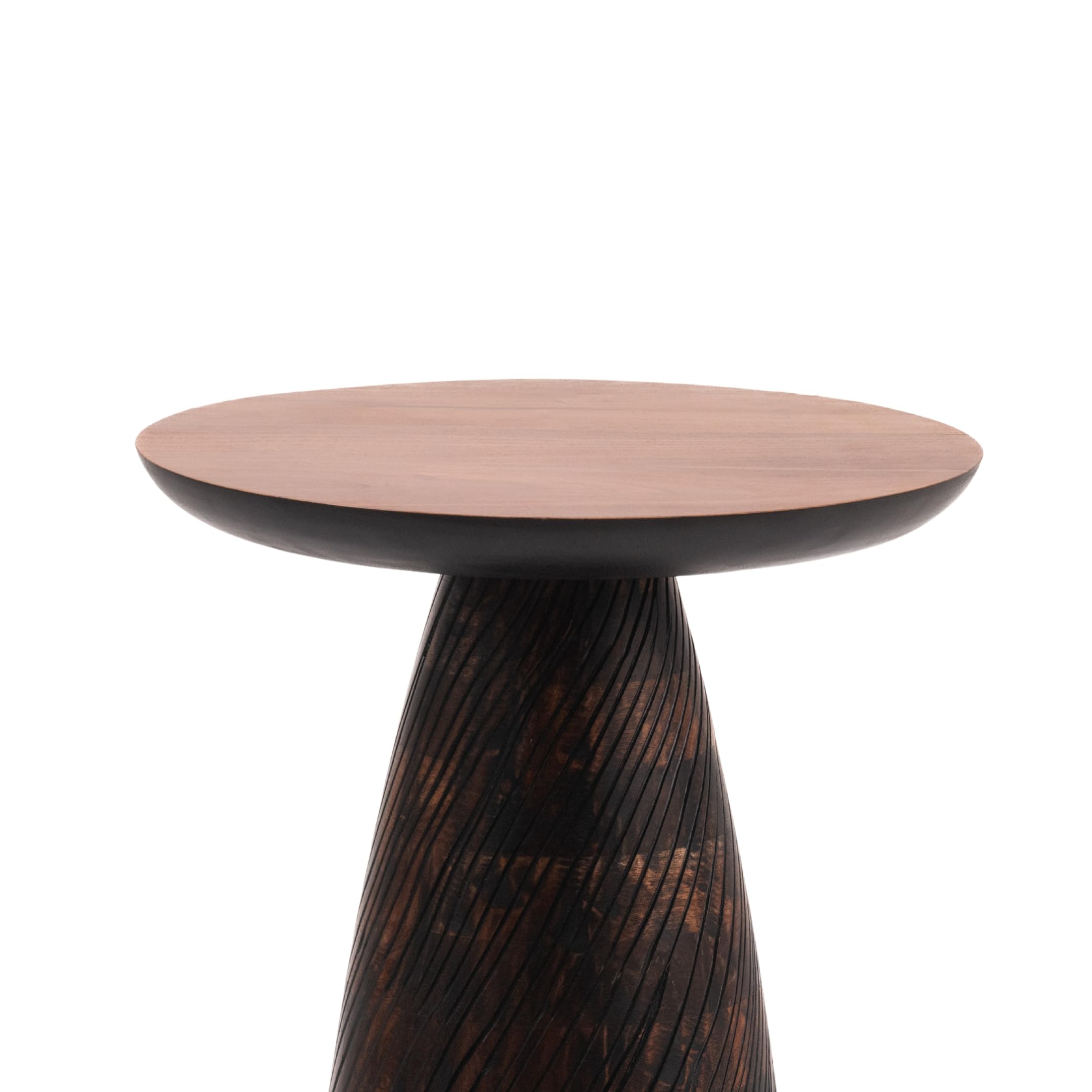 Mid-Century Farmhouse Cottagecore Accent Drink Table, Round Solid Mango Wood Accent Table with Carved Cone Base Minimalist Design for Small Spaces, Living Room, Bedroom or Entryway, Walnut, Assembled