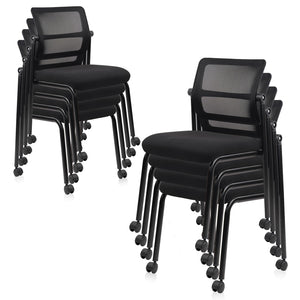 Stacking Chairs 8 PK, Adjustable Backrest Stackable Mesh Office Waiting Room Armless Chair with Wheels for Guest Reception Conference Lobby Side School, Black