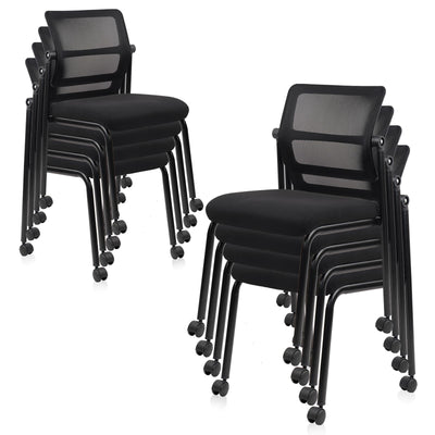 Stacking Chairs 8 PK, Adjustable Backrest Stackable Mesh Office Waiting Room Armless Chair with Wheels for Guest Reception Conference Lobby Side School, Black
