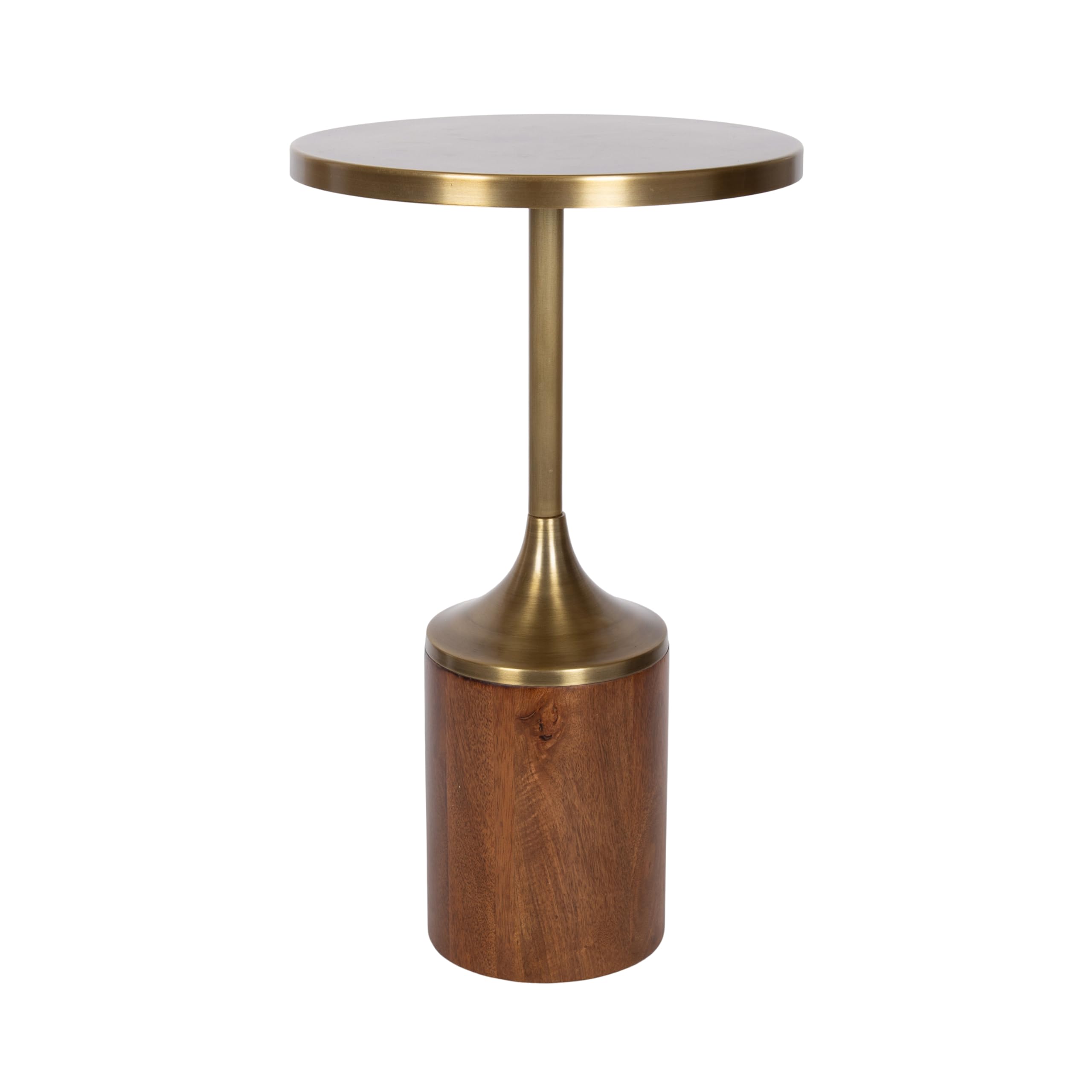 Whelan Modern Metal Round Side Table, 14 x 14 x 24, Antique Brass and Walnut Brown, Transitional Sculptural Indoor Plant Stand for Living Room End Table or Bedroom Nightstand