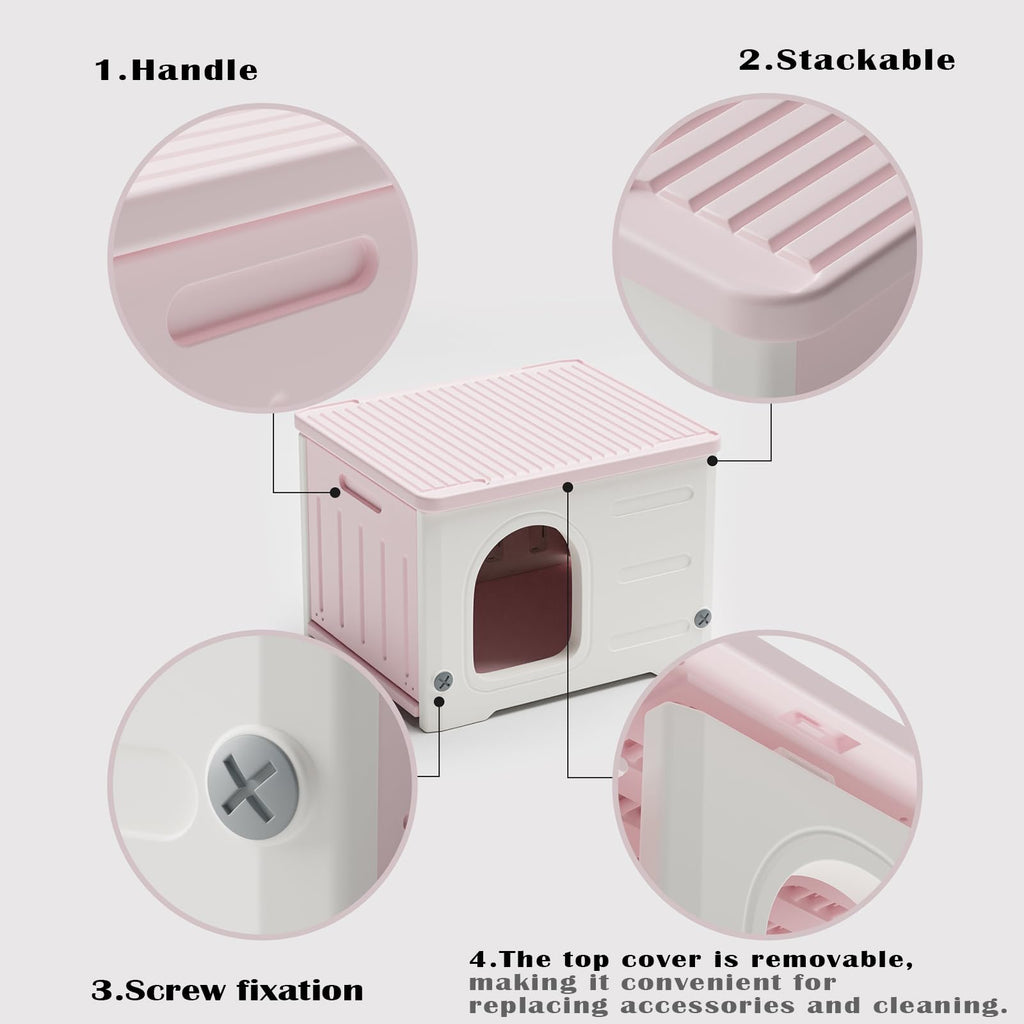 Plastic Cat House for Outdoor Indoor Use, Stackable Feral Cat Shelter Indoor Cat House Weatherproof Waterproof Elevated (Pink)