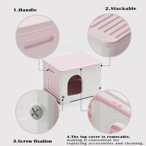 Plastic Cat House for Outdoor Indoor Use, Stackable Feral Cat Shelter Indoor Cat House Weatherproof Waterproof Elevated (Pink)