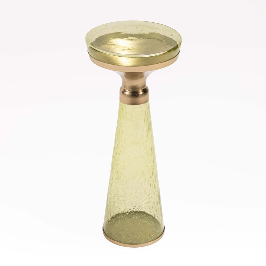 Modern Decorative Round Drink Table with Glass Base and Top with Gold Metal Accent, Martini, Gold Pedestal Table, Tall Side Table, Small Space end Table, for Living Room & Bedroom, Green,Assembled