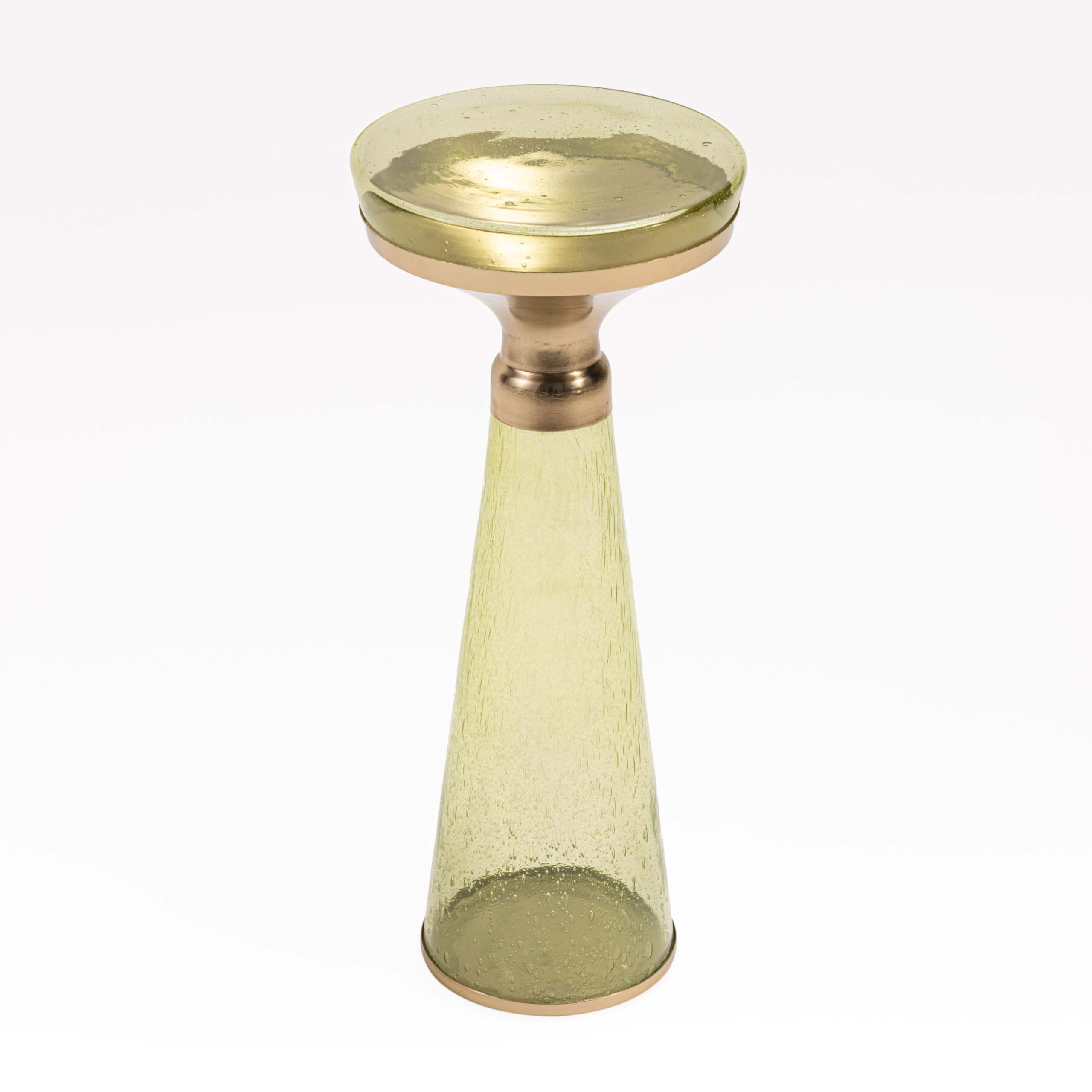 Modern Decorative Round Drink Table with Glass Base and Top with Gold Metal Accent, Martini, Gold Pedestal Table, Tall Side Table, Small Space end Table, for Living Room & Bedroom, Green,Assembled