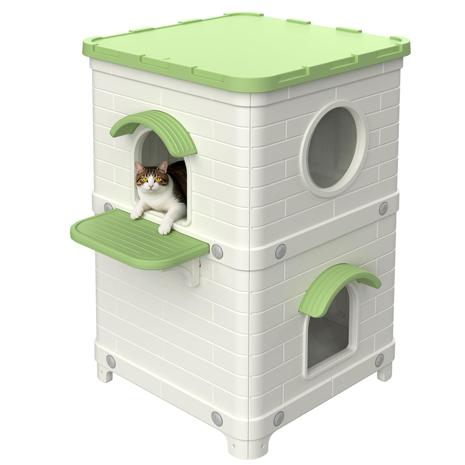 2-Story Large Outdoor Cat House - Weatherproof & Waterproof Elevated Shelter for Feral Cats, Sturdy Plastic Design, Easy Assembly Indoor/Outdoor Use