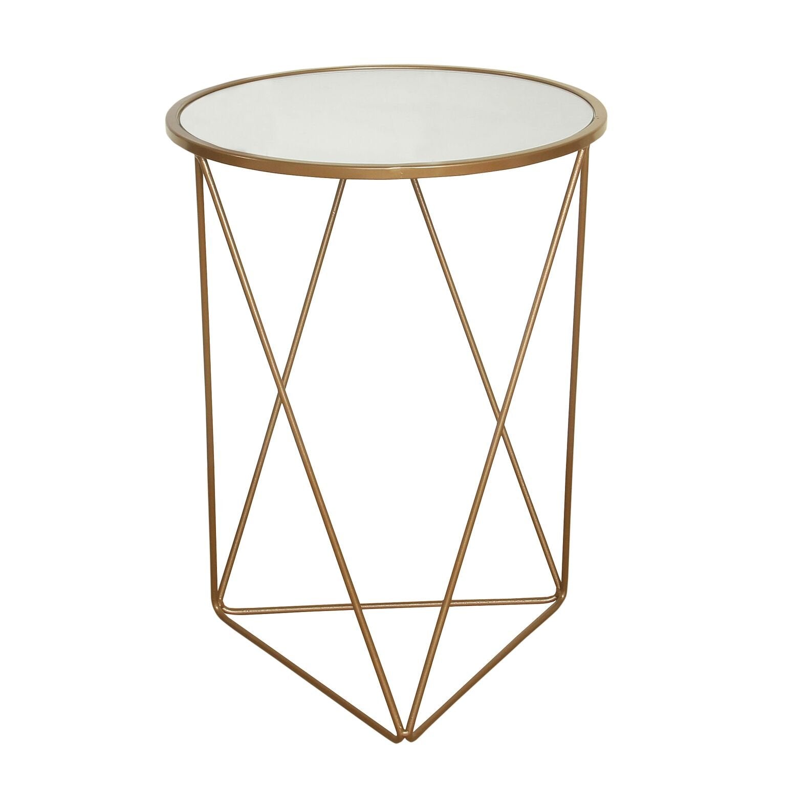 Metal Accent Table Triangle Base Round Mirror Top, Gold