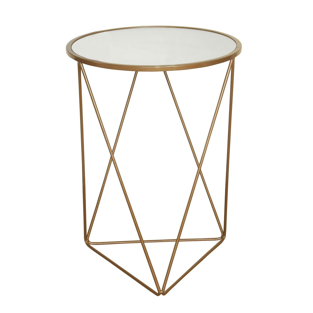 Metal Accent Table Triangle Base Round Mirror Top, Gold