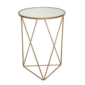 Metal Accent Table Triangle Base Round Mirror Top, Gold