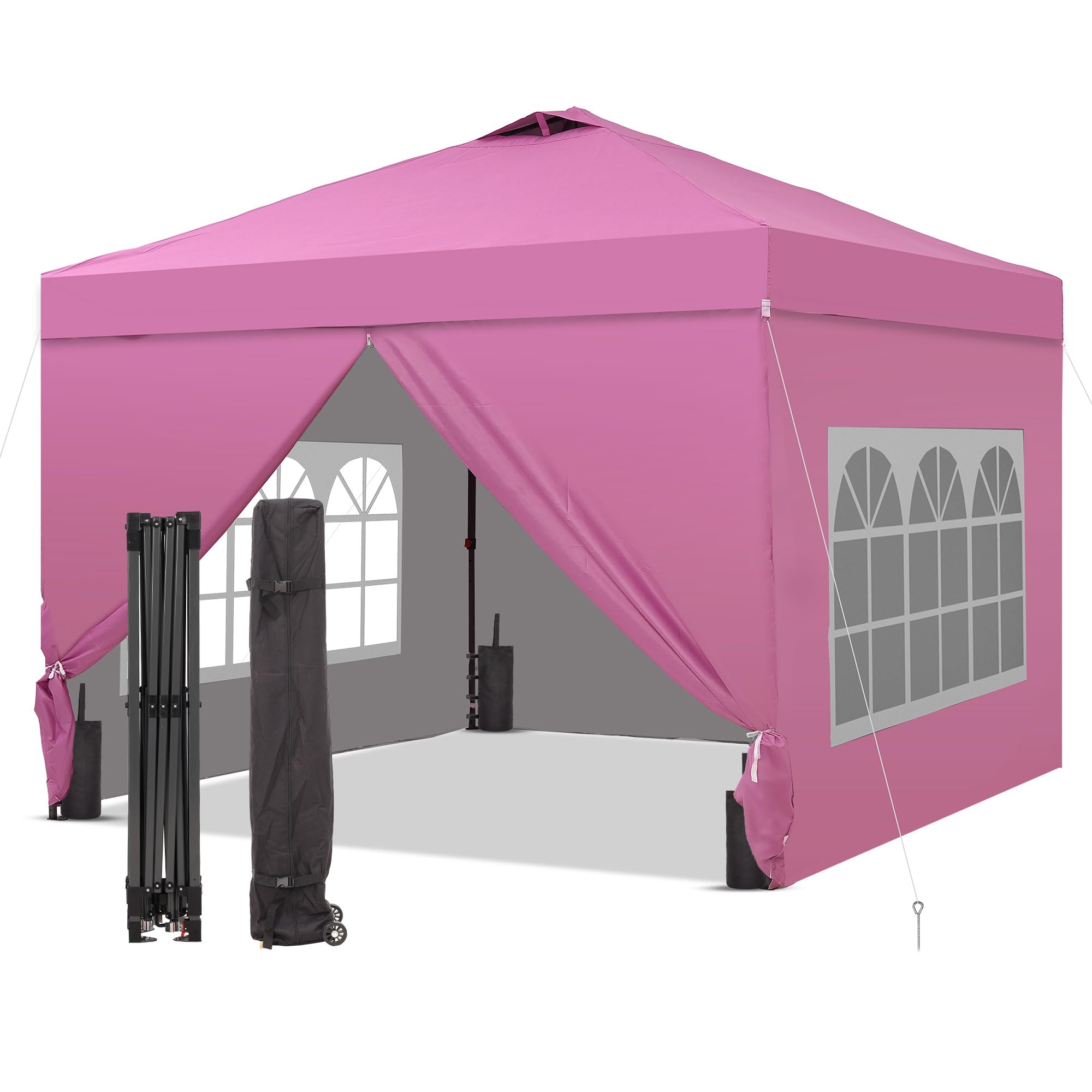 12x12 Pop Up Canopy Tent with 4 Sidewalls, Easy Set up with One Push Lift Gazebo with Wheel Bag and4 Sandbags,Carpas for Events, Parties,Camping, Pink.