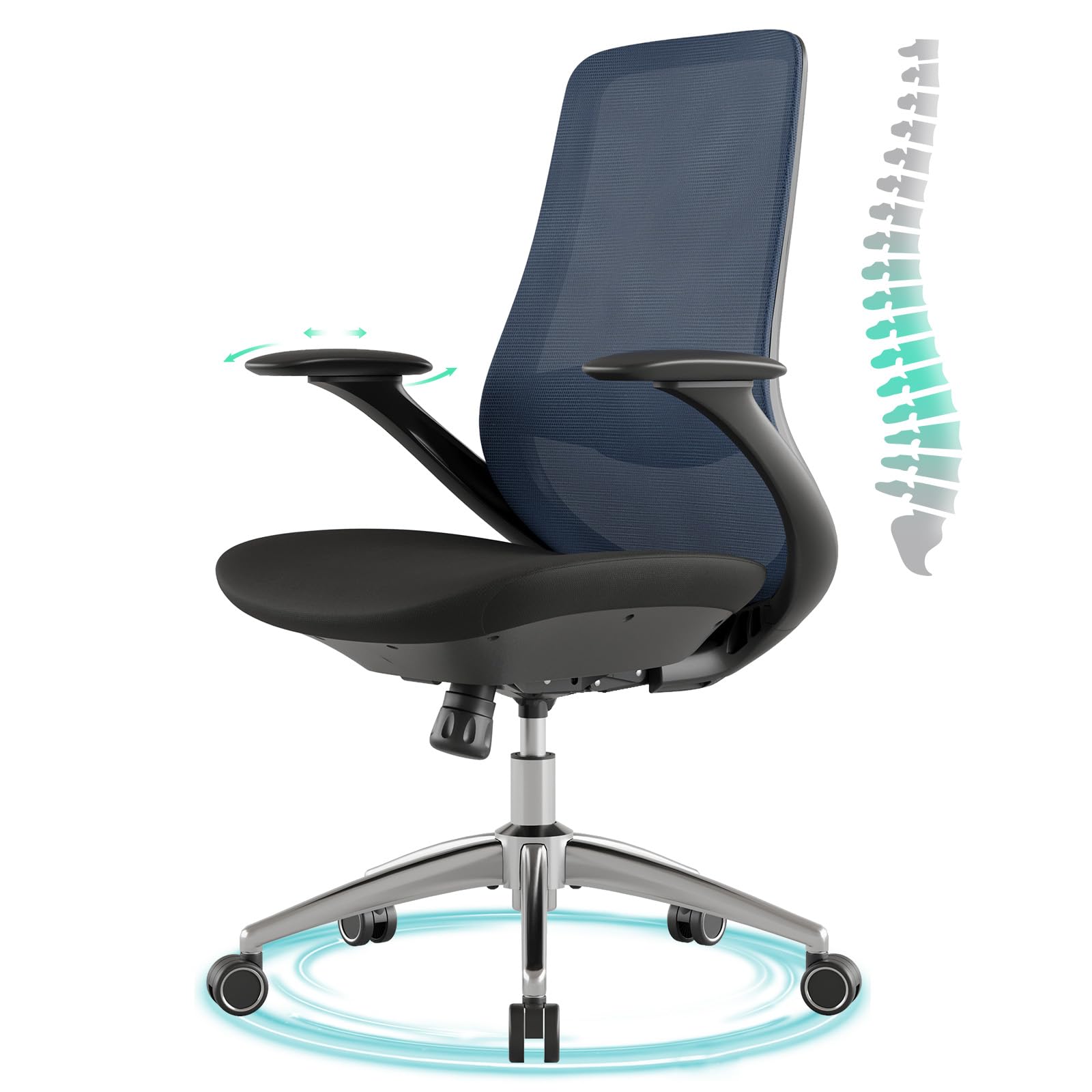 Ergonomic Office Chair, High Back Mesh Desk Chair with Lumbar Support, 360° Swivel & Slide-Adjustable Arms, Tilt Lock and Recline, Breathable Task Chair for Home Office & Gaming (Blue)