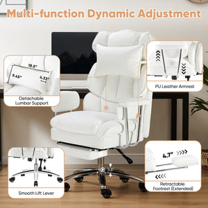 Executive Home Office Desk Chair - Ergonomic Big Tall High Back with Footrest & Lumbar Support, Reclining Height Adjustable, Comfy PU Leather Computer Gaming with Swivel Wheels, White
