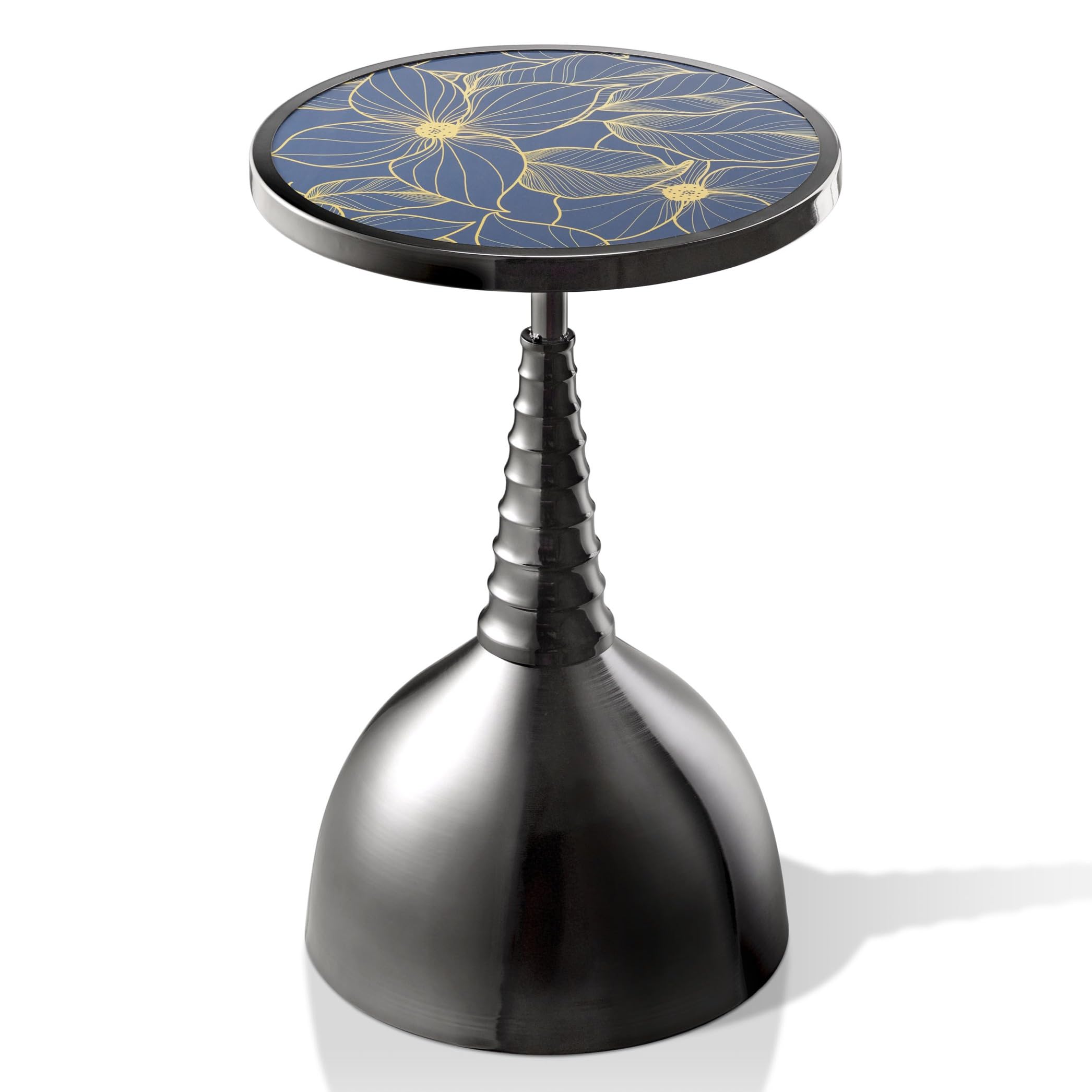 Modern 24" Tall Round End Table with Decorated Tabletop and Iron Metal Base, Accent Furniture, Elegant Pedestal Stand for Living Room, Home Office, Black with Floral Print