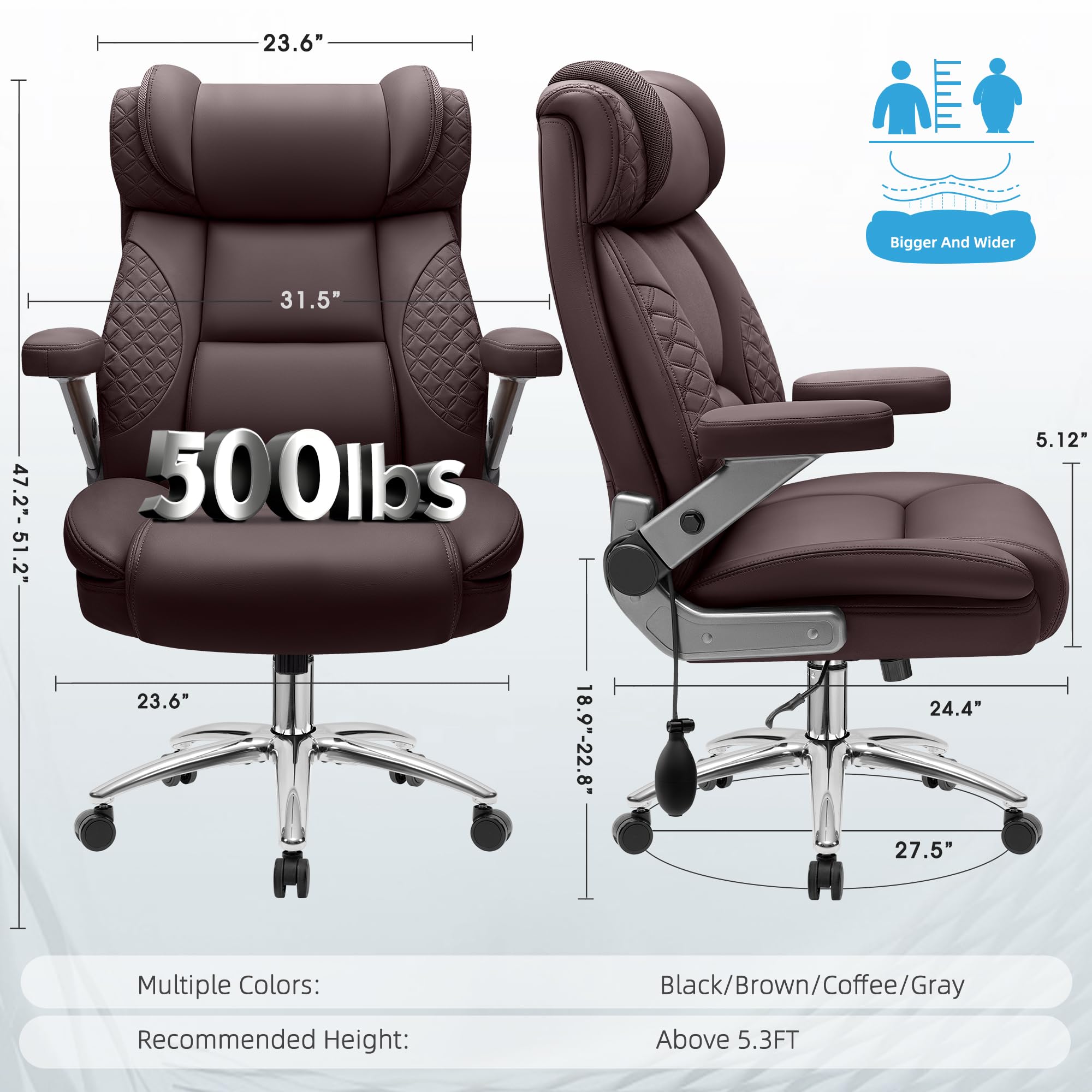 Office Desk Chair, Big and Tall Executive Office Computer Chair, Extra Wide 500LBS Heavy Duty Office Chair, High Back Ergonomic Office Gaming Chair with Adjustable Lumbar Support & 5D Flip Arms