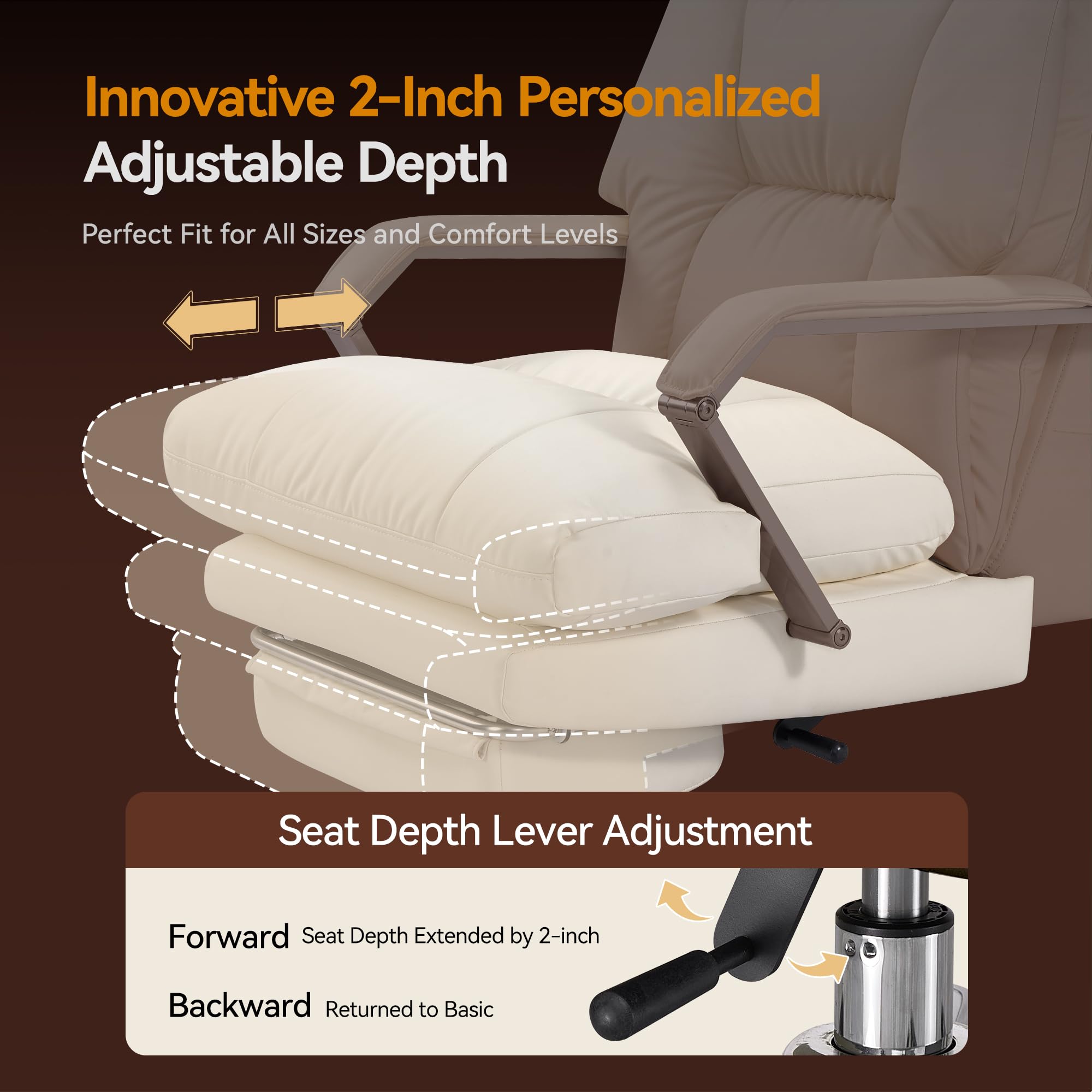 160° Reclining Office Chair with Footrest, 10" Thick Cloud Cushion Executive Desk Chair, Extra Wide Cross-Legged Ergonomic Chair for Big and Tall, Adjustable Seat Depth, Easy Assembly, Cream