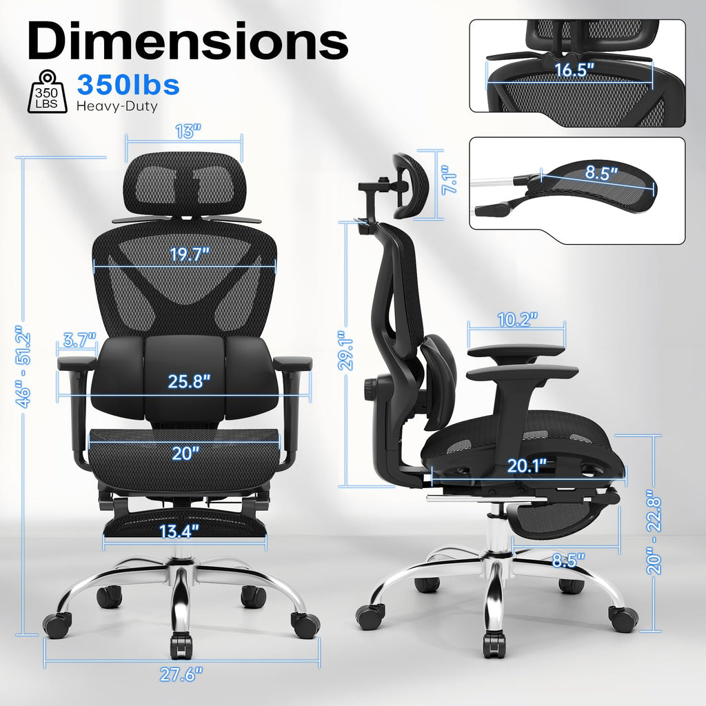 Ergonomic Mesh Office Chair, Home Desk Chair Comfy with Adjustable Lumbar Support 3D Headrest and Armrests, Reclining Big and Tall High Back Computer Gaming Chairs for Man Women, 350lbs Black