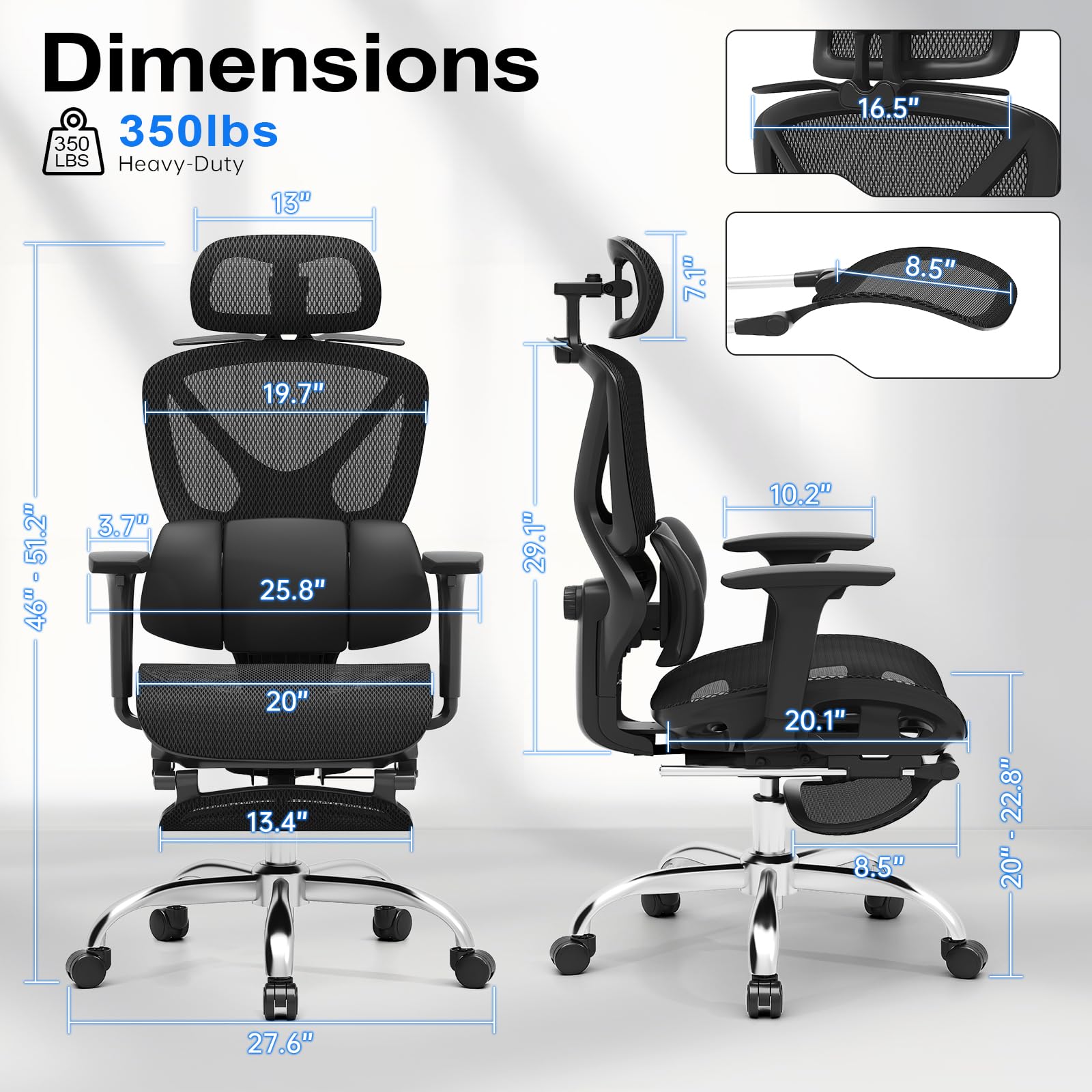 Ergonomic Mesh Office Chair, Home Desk Chair Comfy with Adjustable Lumbar Support 3D Headrest and Armrests, Reclining Big and Tall High Back Computer Gaming Chairs for Man Women, 350lbs Black