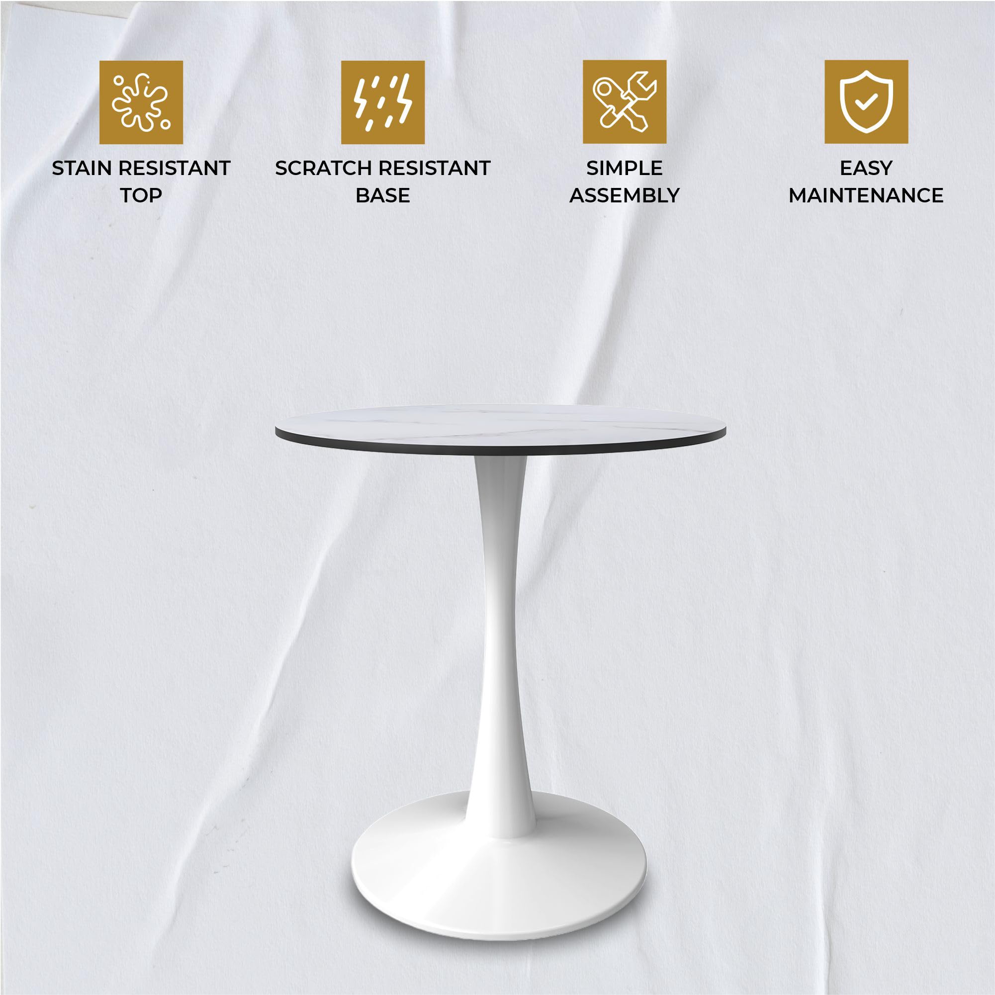 24" Wide Round Dining Table, Modern MDF Wood Top & White Metal Pedestal Base Gloss Finish Accent Table Mid-Century Café Table, Kitchen Dining Room Furniture, Marbled White