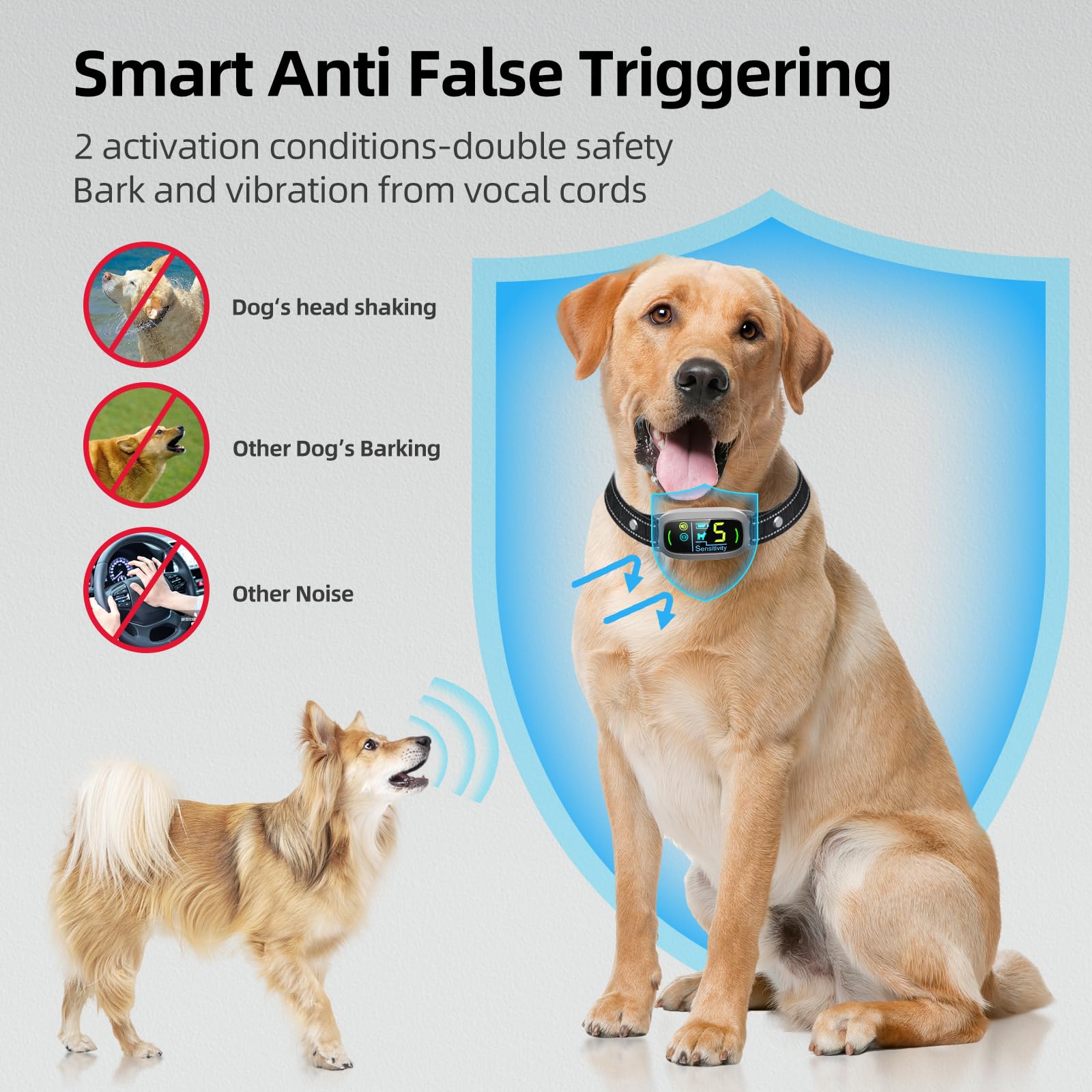 Dog Bark Collar for Large Medium Small Dogs, Rechargeable Smart Bark Collar, Anti Barking Training Collar with 5 Adjustable Sensitivity Beep Vibration (Grey)