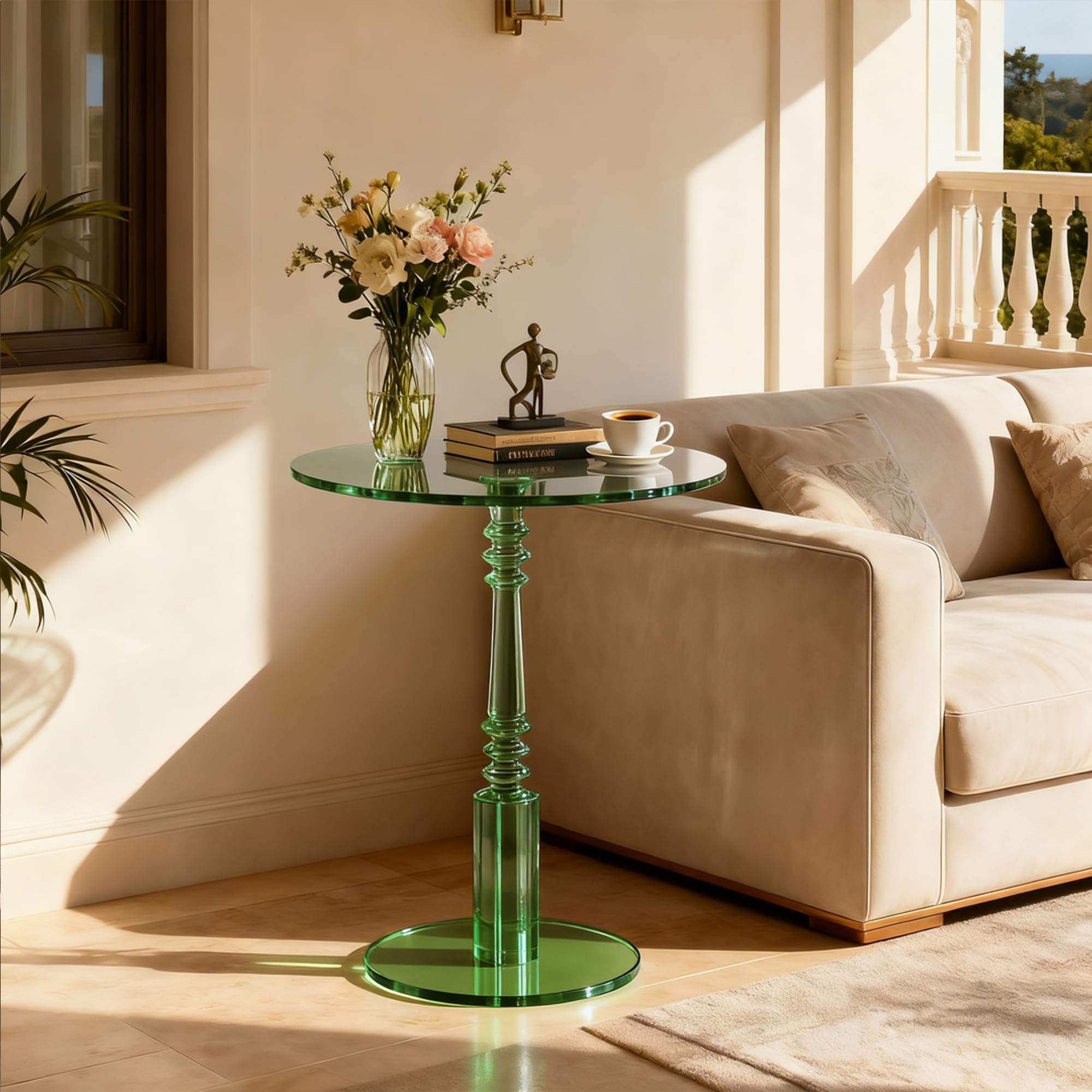Modern Acrylic Side Table, Round Clear End Table for Living Room,Bedroom Lobby and Office Easy Assembly (Green, Large)