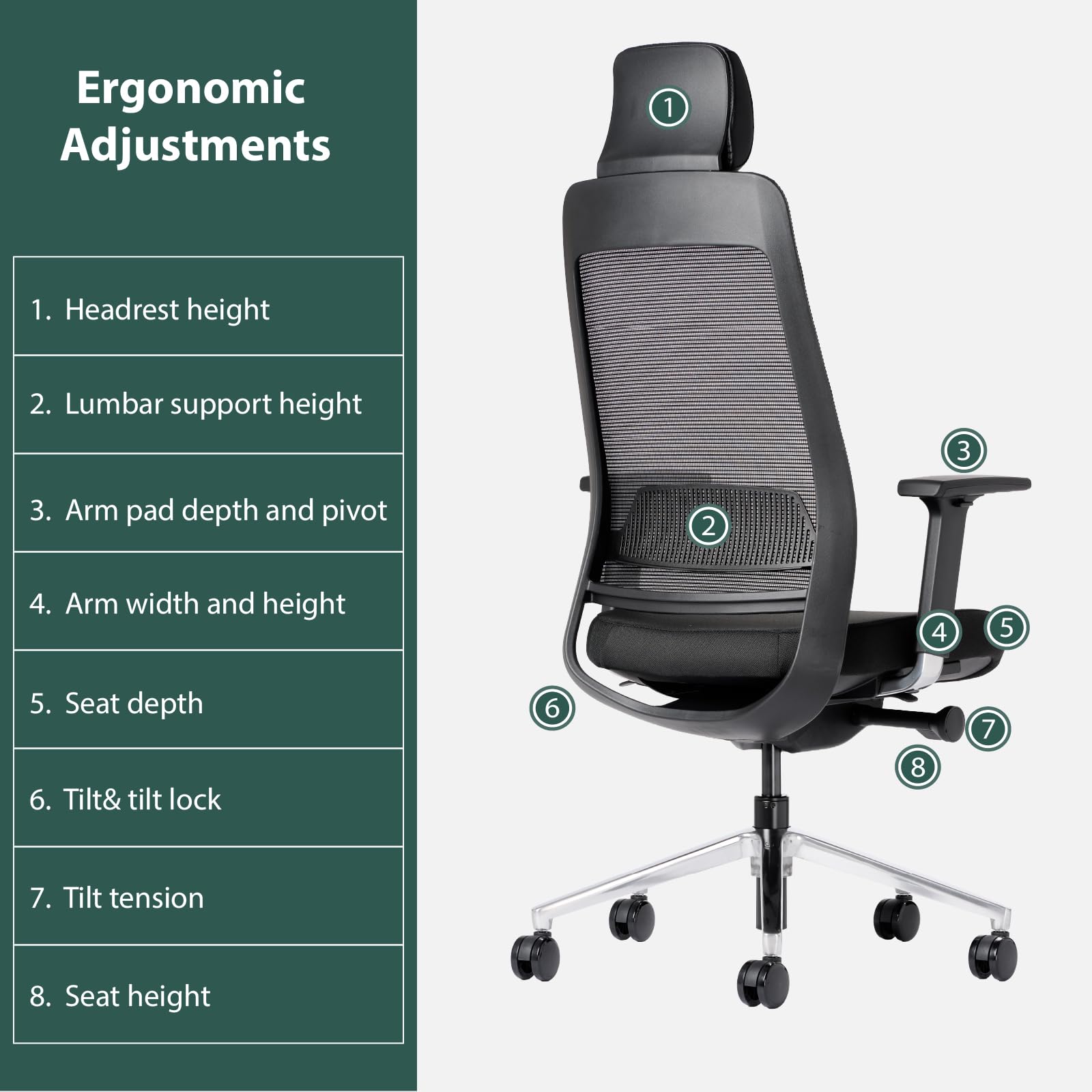 Ergonomic Mesh Office Chair with Headrest, High Back Executive Chair, 4D Adjustable Armrests, Adjustable Lumbar Support, Sliding Seat & Multi-Position Tilt Lock, Aluminum Base – Black