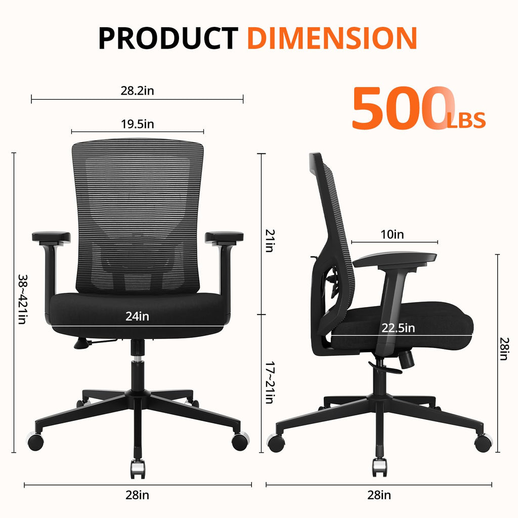 500 lbs Big and Tall Office Chair, Heavy Duty Mesh Desk Chairs with Comfort Spring-Supported Extra-Wide Seat Cushion, 3D Armrests, Ergonomic Breathable Computer Chair for Heavy People