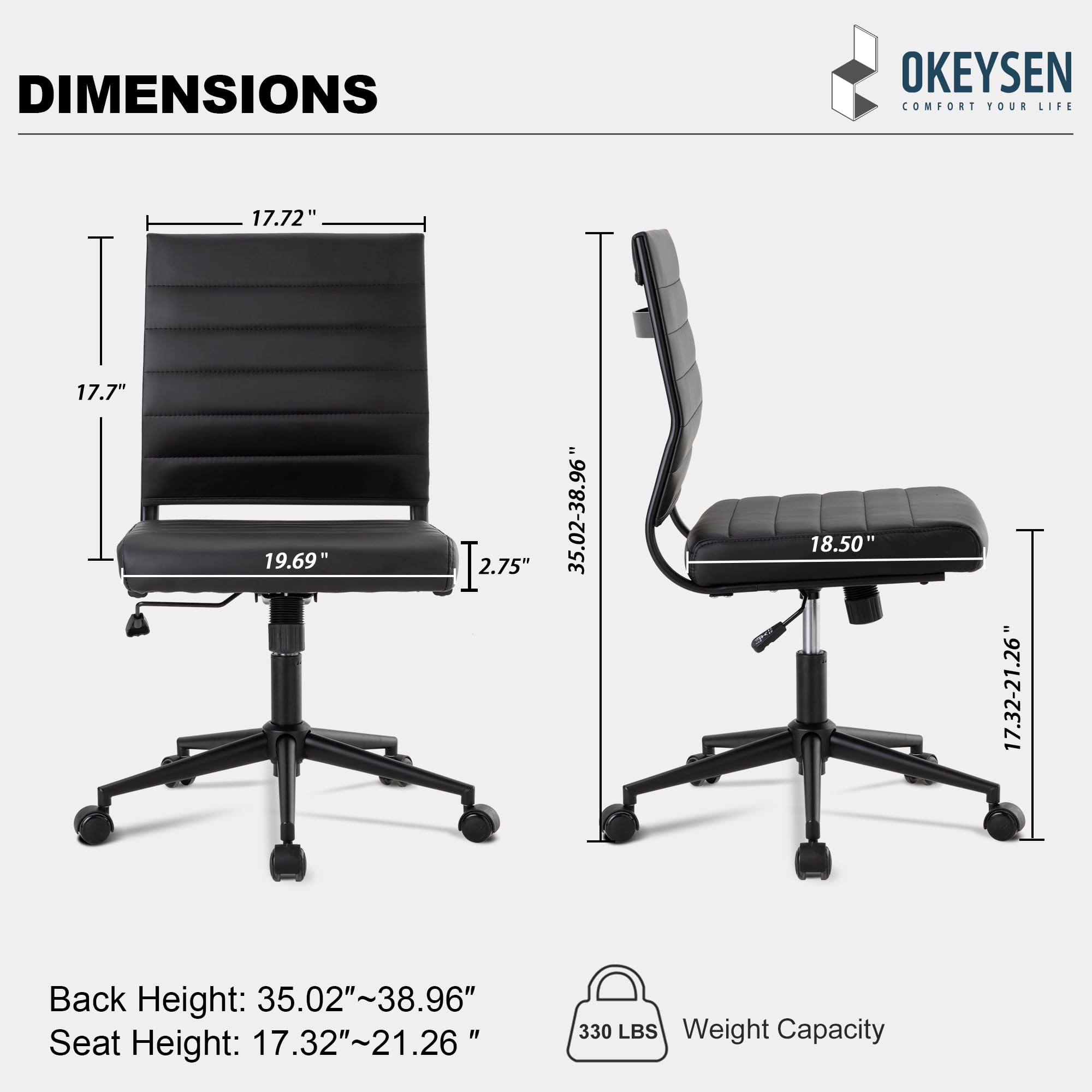 Office Desk Chair No Arms, Mid Back Ergonomic Swivel Black Armless Conference Room Chairs, Adjustable Height PU Leather Home Desk Chair, Modern Small Rolling Computer Task Chair