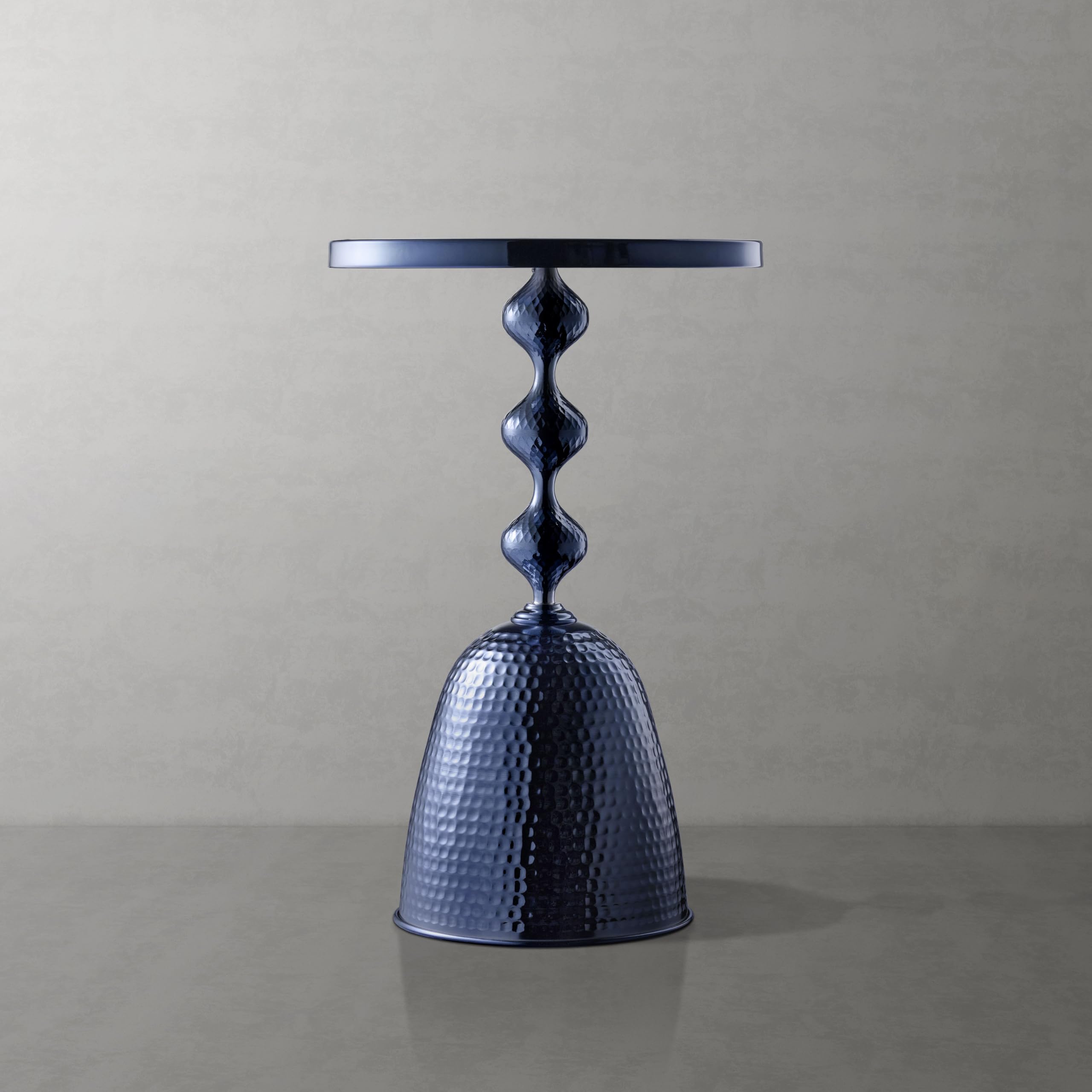 Modern 24" Tall Round End Table with Decorated Tabletop and Iron Metal Base, Accent Furniture, Elegant Pedestal Stand for Living Room, Home Office, Chrome Blue