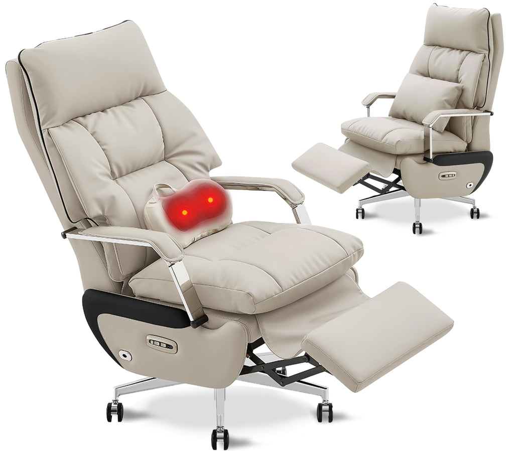 Dual Motor Executive Home Reclining Office Chair with Footrest - One-Click Electric Recline with Massage & Pillow Support Big and Tall PU Leather Ergonomic Desk Chair, High Back Wide Seat (White)