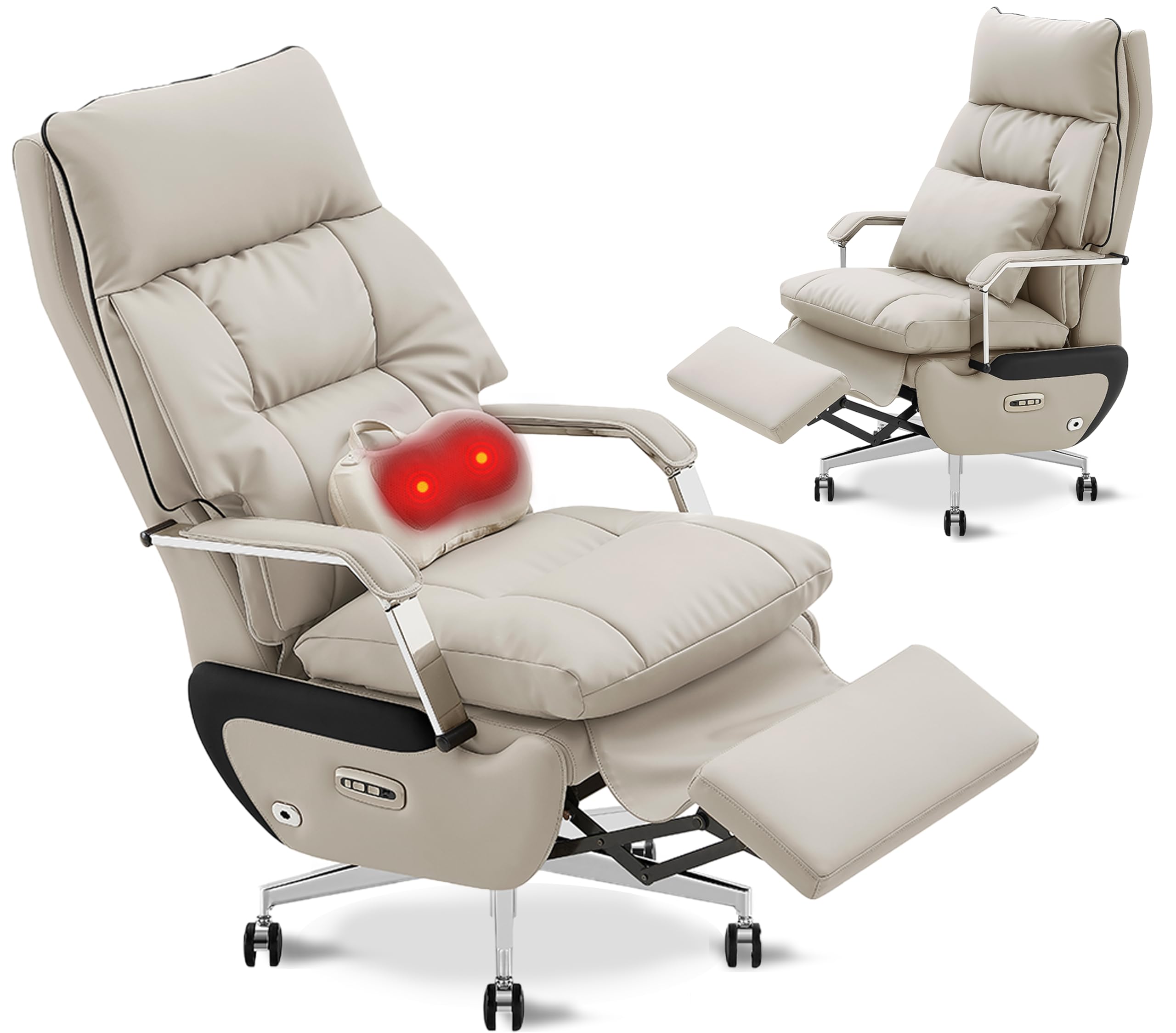 Dual Motor Executive Home Reclining Office Chair with Footrest - One-Click Electric Recline with Massage & Pillow Support Big and Tall PU Leather Ergonomic Desk Chair, High Back Wide Seat (White)