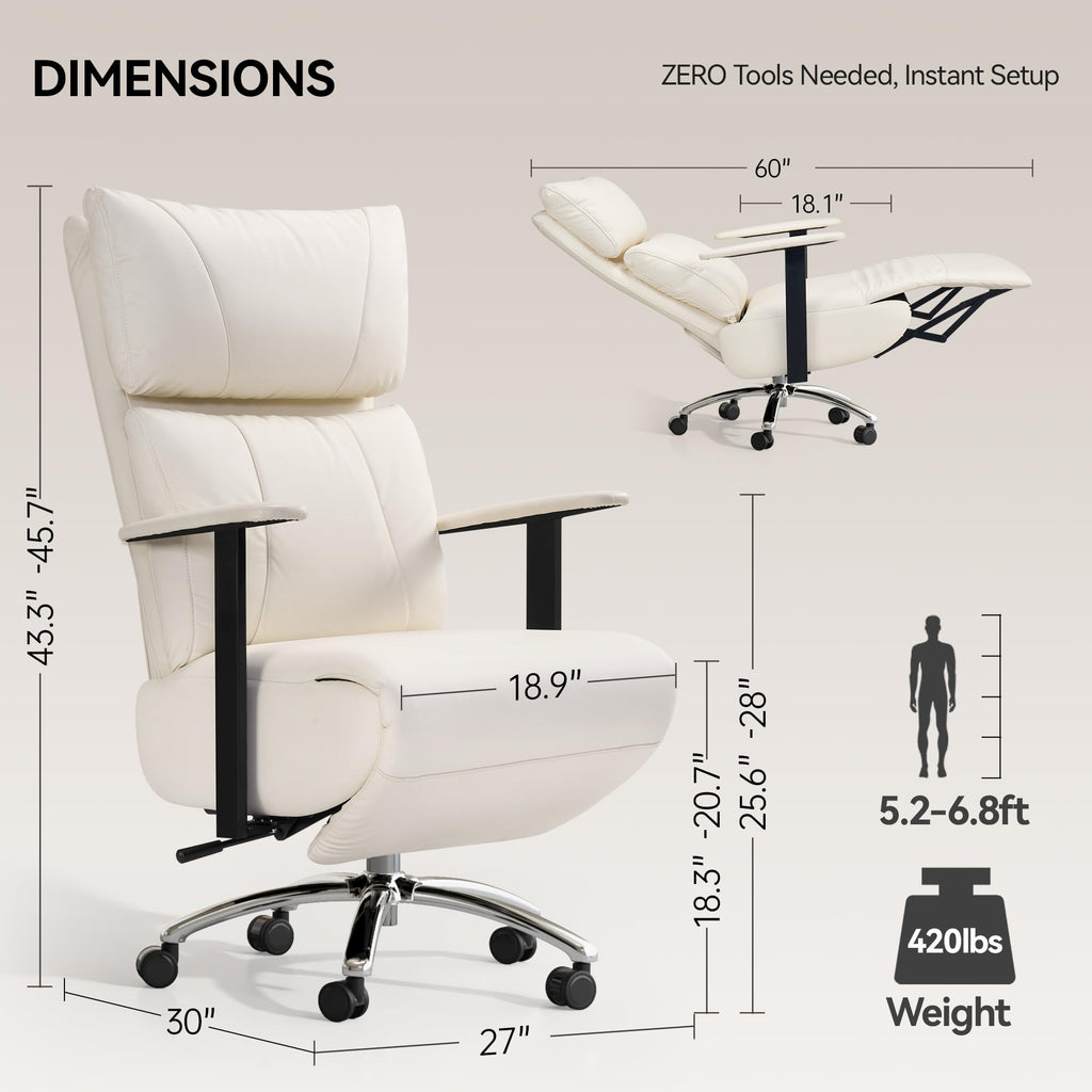 Reclining Office Chair with Adjustable Headrest and Footrest, 170° Ergonomic Comfortable Office Chair Zero Gravity, Leather Executive Home Office Desk Chair (Cream)
