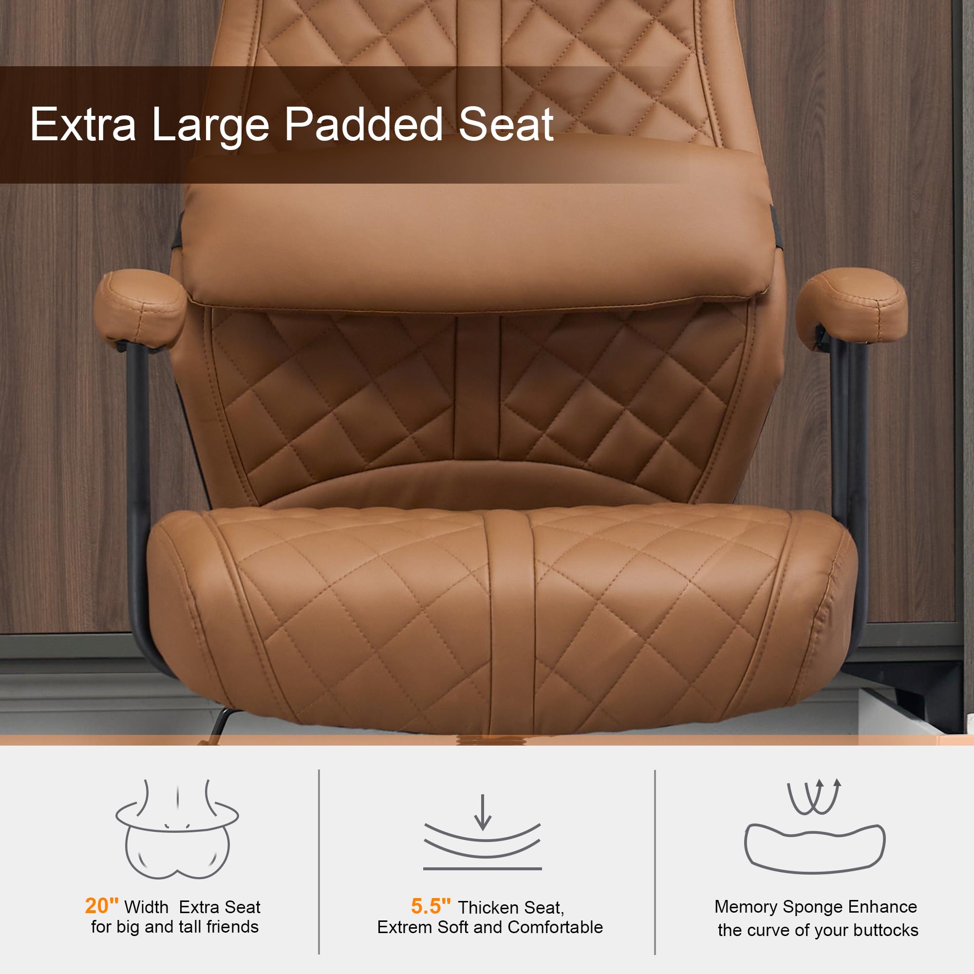 Modern Leather Office Chair, High Back Conference Room Chairs Mid-Century Reclining Office Chairs with Removable Pillow, Padded Executive Office Chair for Home, Office.