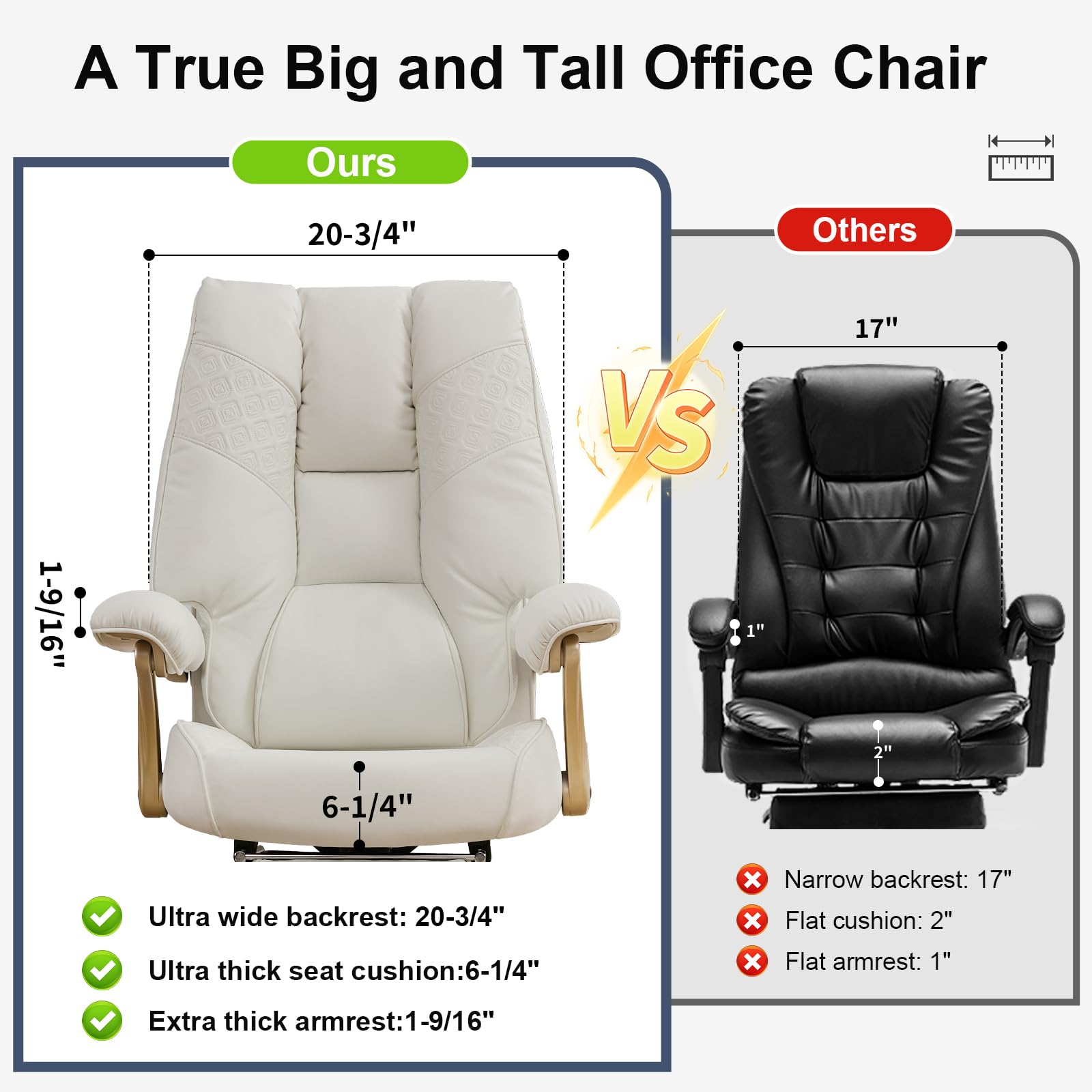 Big and Tall Executive Office Chair with Footrest, 400LBS Capacity Ergonomic High-Back Desk Office Chair with Lumbar Support, Padded Armrests & Thick Cushion, White PU Leather Chairs