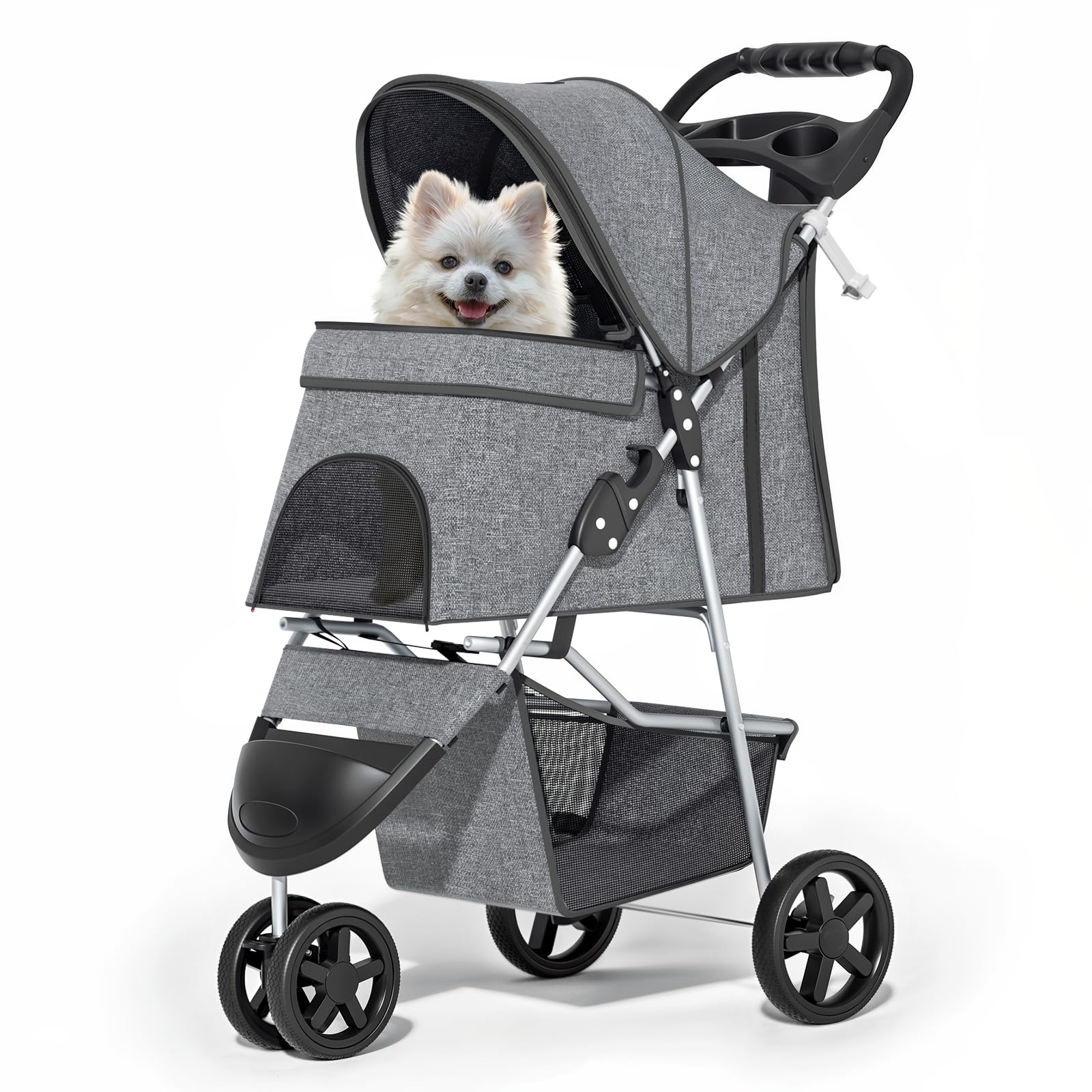 3 Wheels Pet Dog Cat Stroller for Small Medium Dogs and Cats, Lightweight Foldable Jogger Stroller w/Storage Basket and Cup Holder, Gray