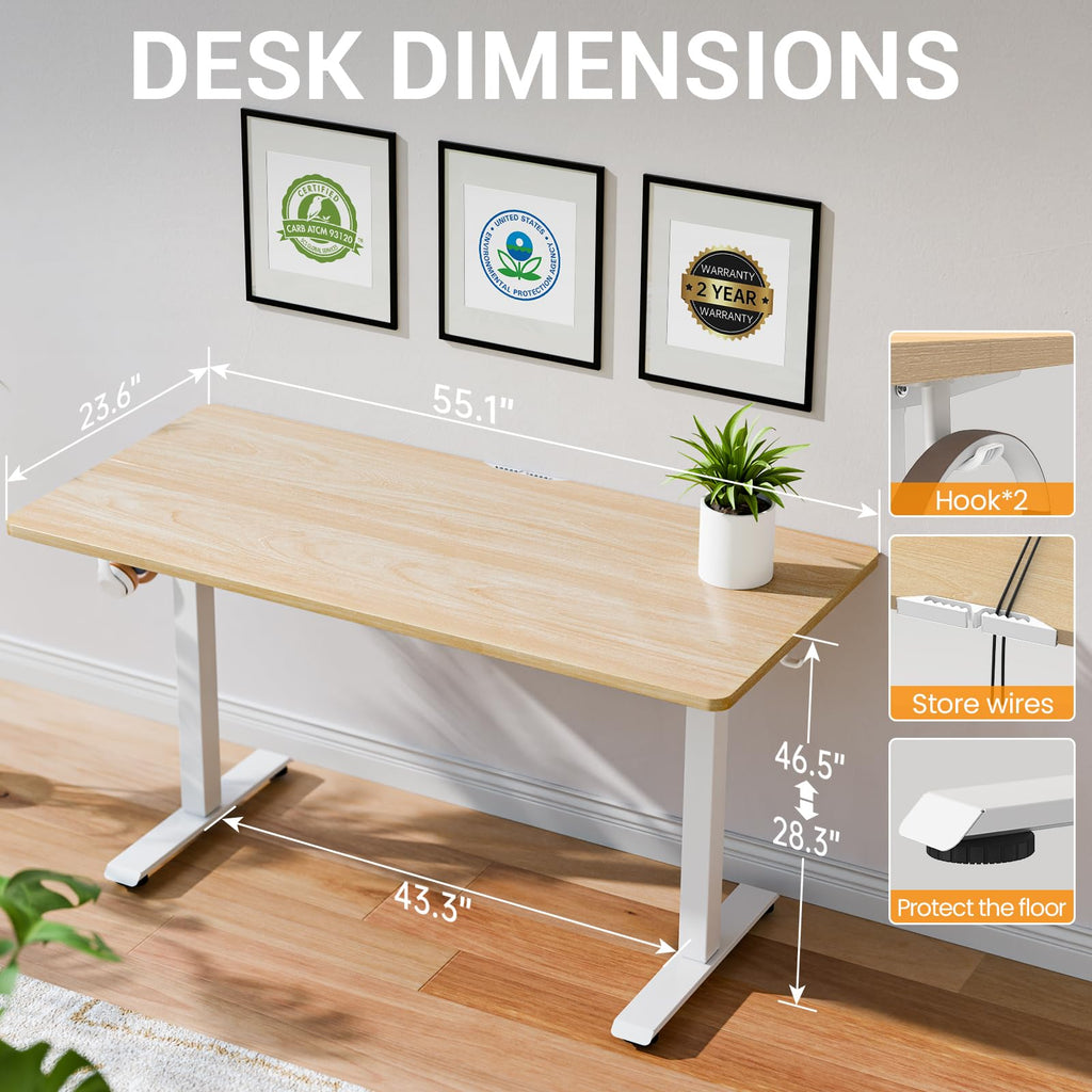 55 Inch Large Electric Standing Desk, 4 Memory Heights Adjustable,Sit to Stand Up, Work Home Office Computer Table for Study, Walking Pad, Writing, and Games, Wooden Desktop Desks, Nature Wood