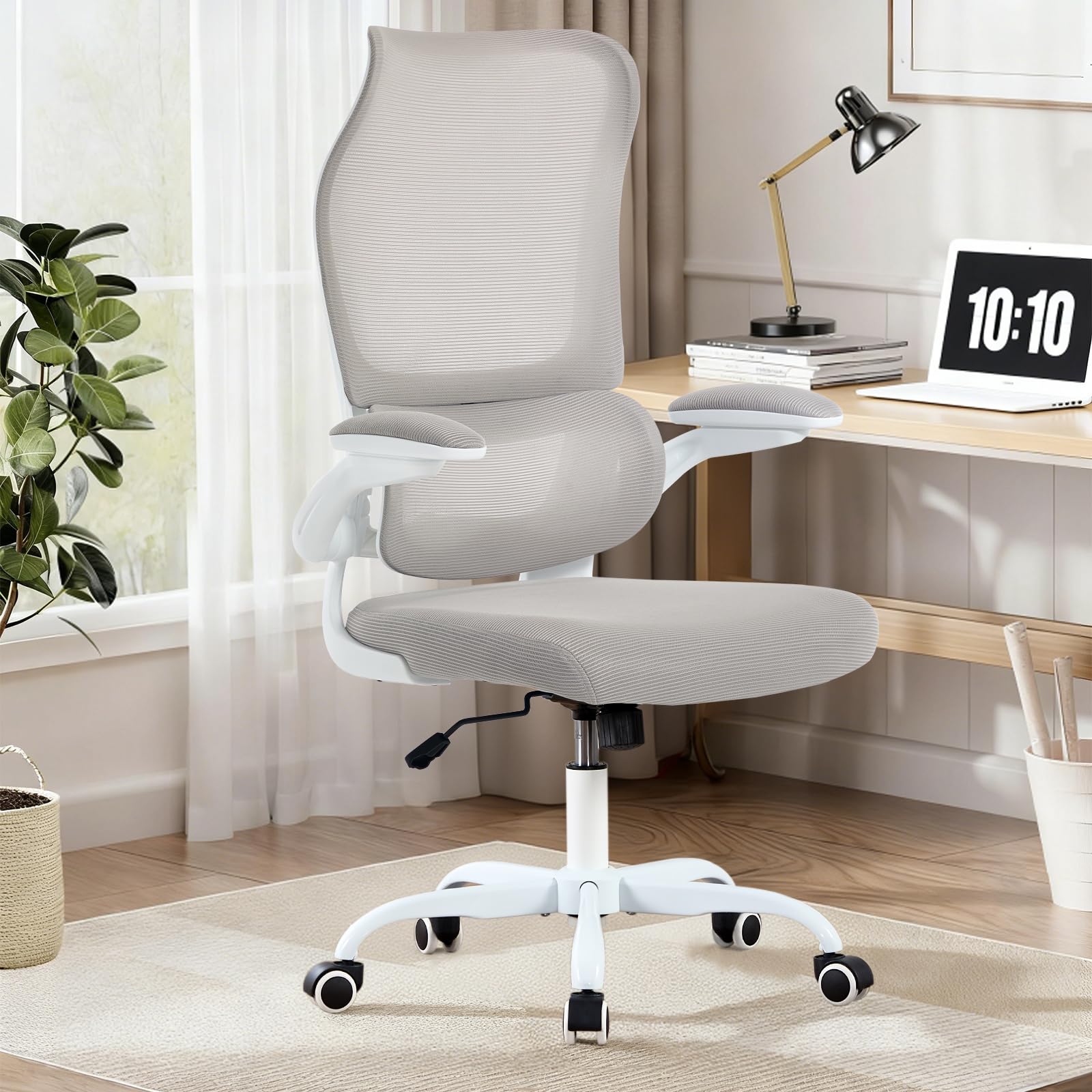 Ergonomic Office Chair with Adjustable Lumbar Support, Mesh Back, Flip-Up Arms, Rocking Mode with Tension Control, 300 lbs Weight Capacity, Black and White (White)