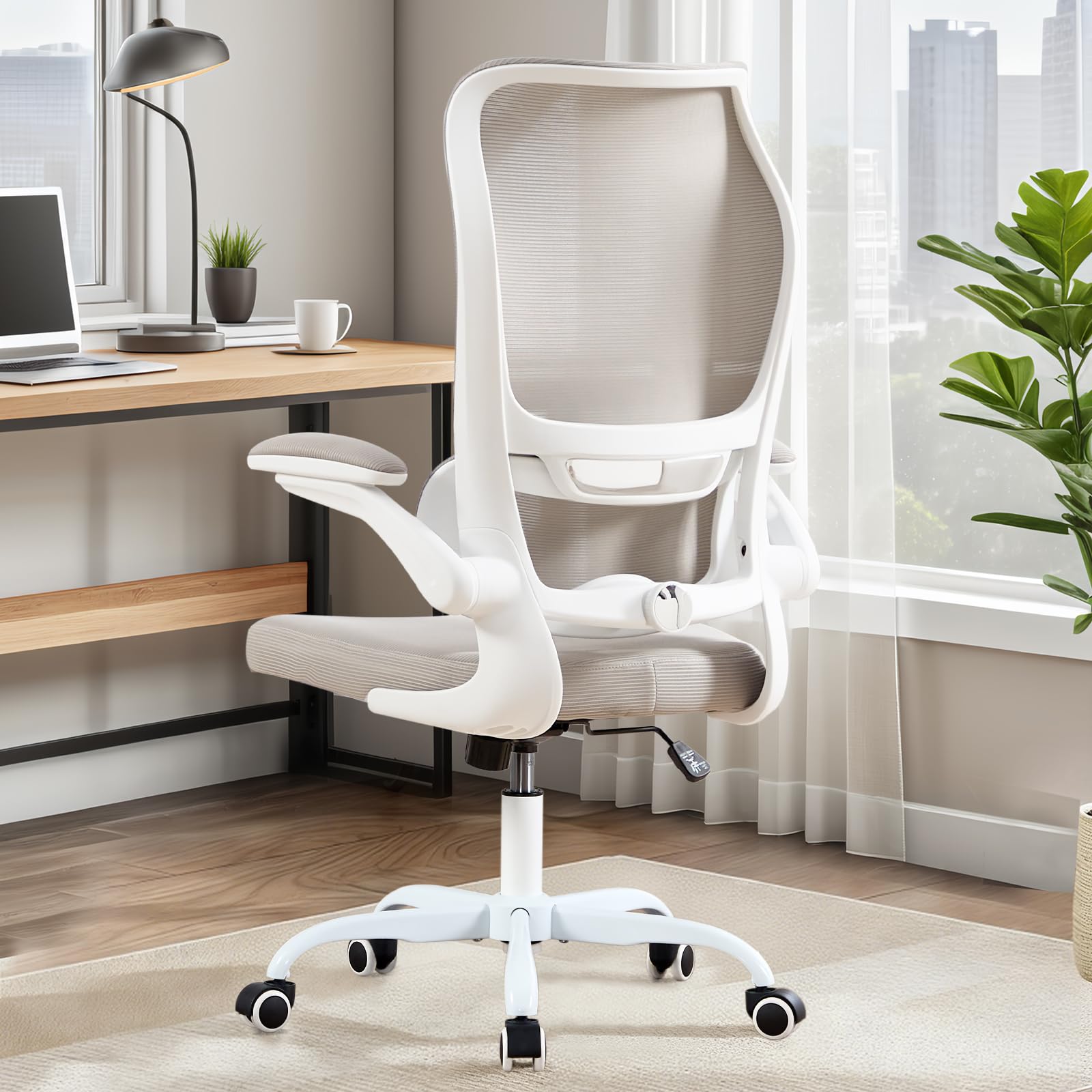 Ergonomic Office Chair with Adjustable Lumbar Support, Mesh Back, Flip-Up Arms, Rocking Mode with Tension Control, 300 lbs Weight Capacity, Black and White (White)
